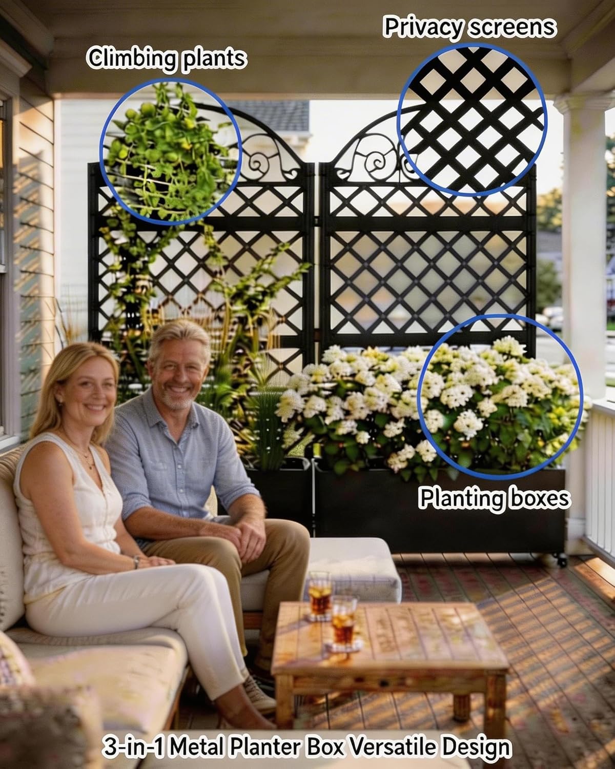 Privacy Planters for Patio, 73" Ornamental Metal Planter Box with Trellis & Locking Wheels, Scrollwork Arch Raised Garden Bed for Climbing Plants Roses Vines, Outdoor Flower Box with Drainage