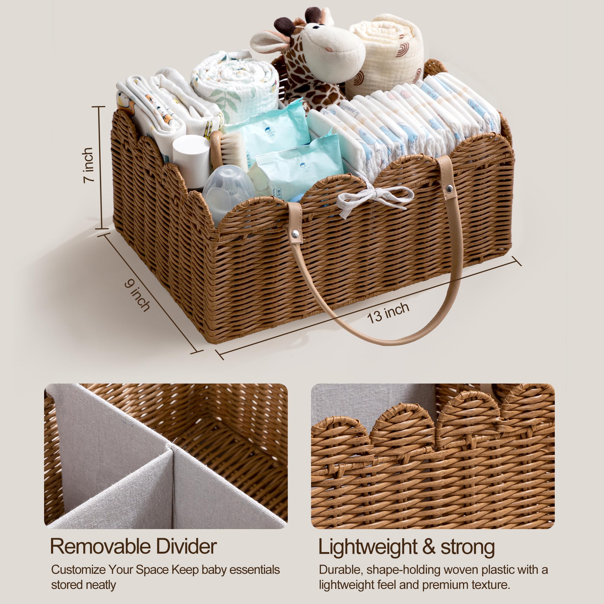 HBlife Organizador de pañales para bebé, lavable, impermeable, gran cesta tejida de mimbre festoneado portátil con divisor, estación de pañales para guardería, cesta de regalo para baby shower