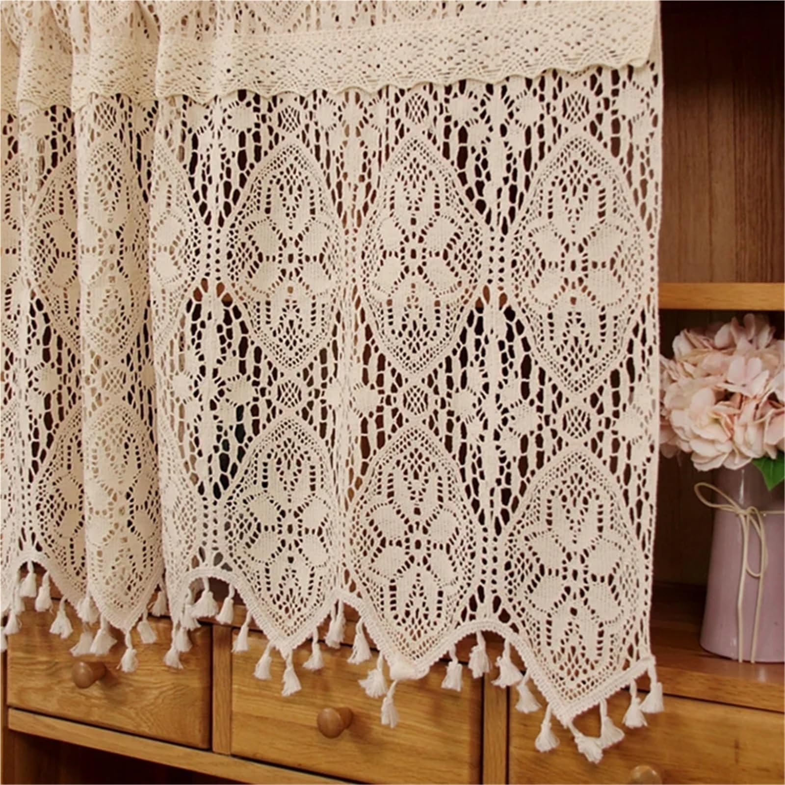 Vinta Lace Short ains per caffetterie e cucine & – Design pastorale all'uncinetto divisorio e decorazione guardaroba (1 pannello L 120 x A 38 cm)