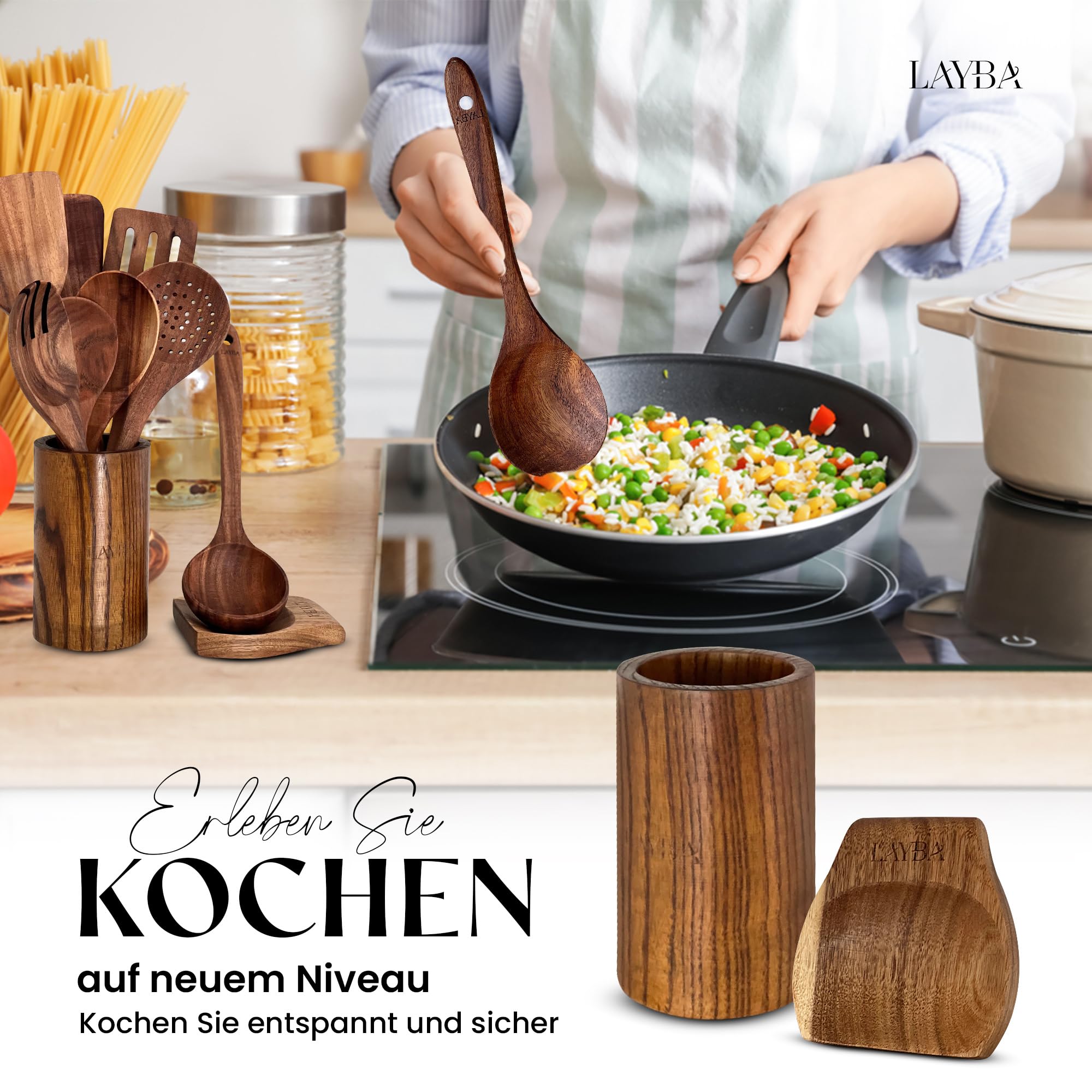LAYBA Teakholz Küchenutensilien Set, Holz Küchenhelfer zum Kochen, Servieren, Wenden und Anrichten, Küchenutensil für Pfanne, Topf und Tisch
