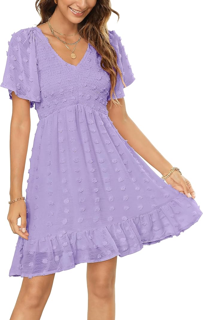 Zattcas Womens 2023 Summer Smocked Dress Short Flutter Sleeve V Neck Swiss Dot Babydoll Ruffle Tiered Mini Dress