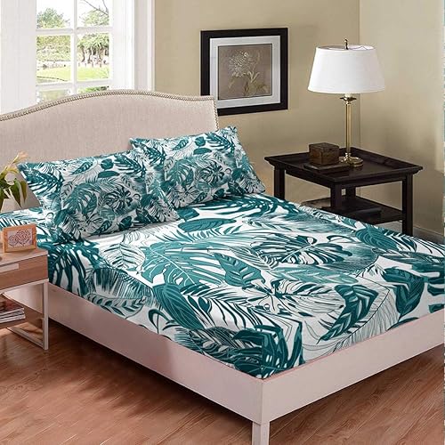 Erosebridal Sábana bajera ajustable de hoja de palmera, tamaño Queen para niños, adolescentes y adultos, juego de sábanas de plantas verdes