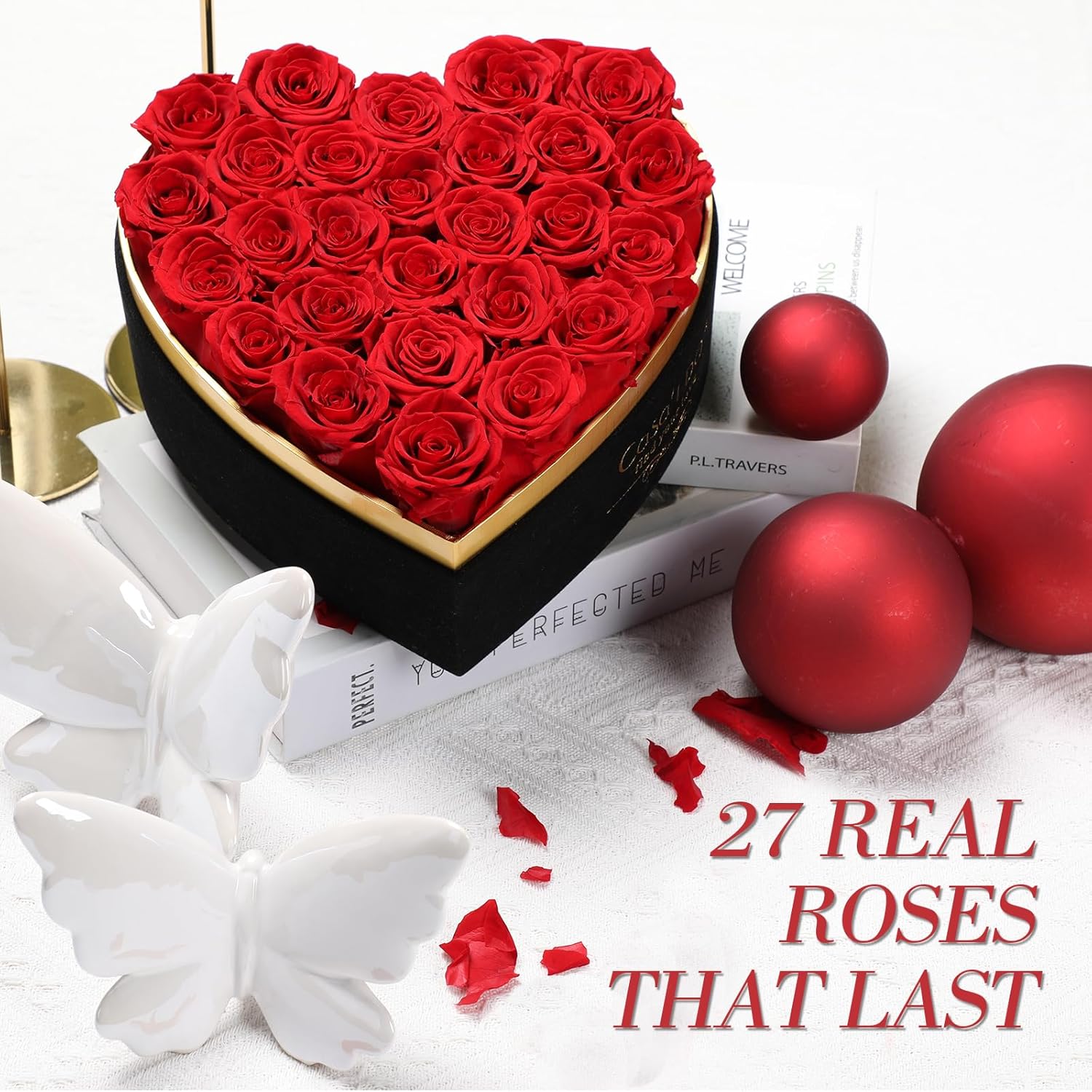 Preserved Roses Flowers for Delivery 27 Pcs, Vanlentines Day Gifts for Her, Forever Flores in Heart Box with Necklace, Anniversary Birthday Christmas Rose Gift for Women Wife Girlfriend, Red