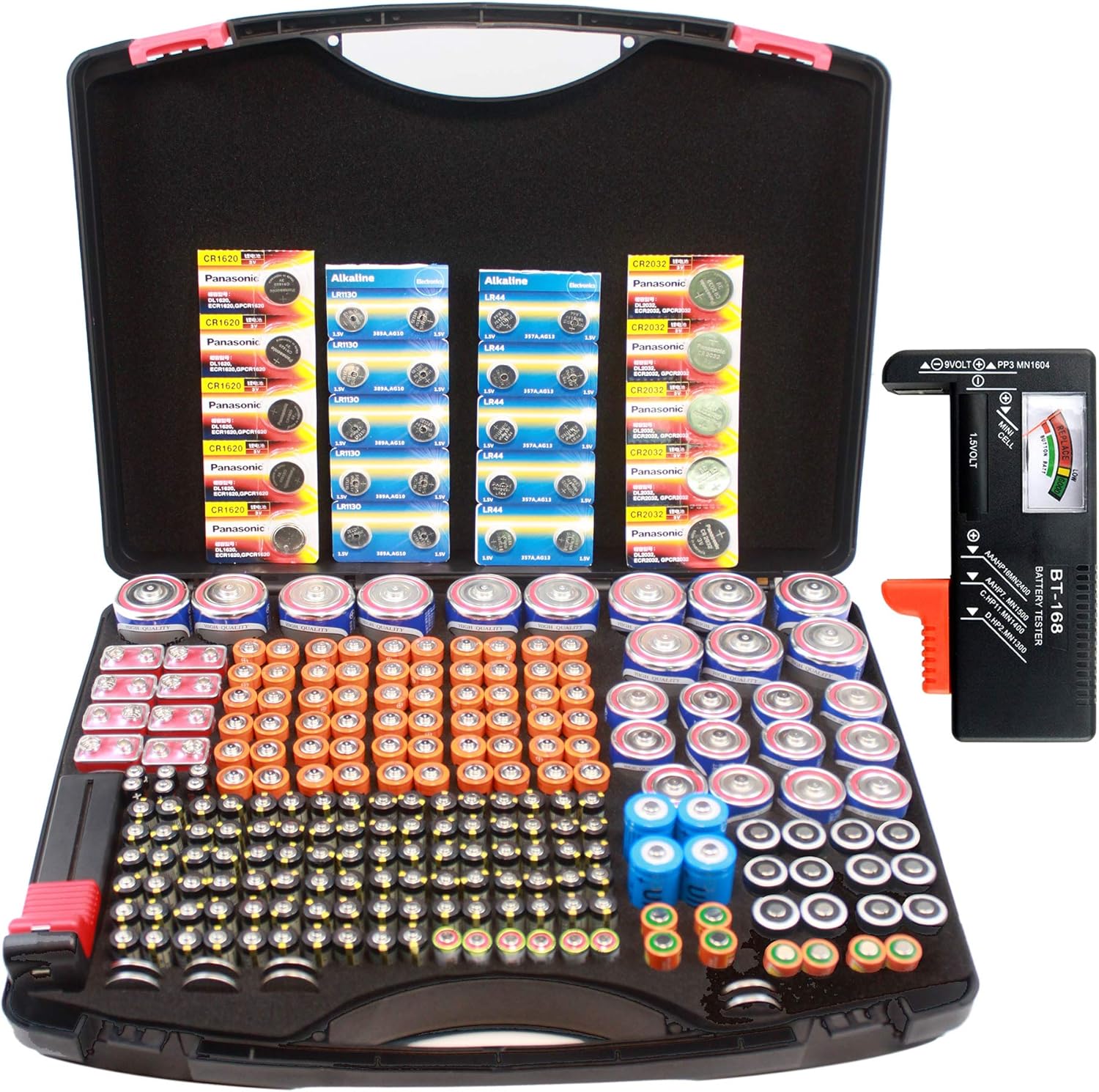 Hard Battery Storage Organizer Case with 3 Nets and Tester, Large Batteries Holder Keeper Holding 250+ AA, AAA, AAAA, C, D, 9V, Button Cell, SF/CR123A, 18650, 4LR44, A23 Batteries(no Batteries)