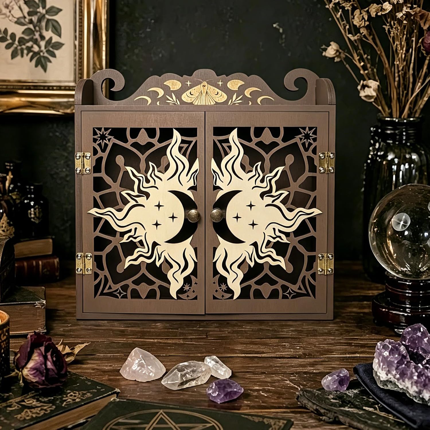 Large Crystal Shelf Display Moon Shelf Crystal Holder for Stone Rock Display Shelf, Gem Cabinet Nail Polish Organizer Essential Oil Storage Trinket Case