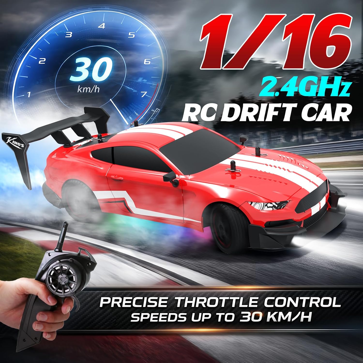 Remote Control Car RC Drift Car 1:16 Scale 4WD RC Vehicle with LED Lights 2.4GHz 30km/h RTR High Speed Racing Sport Toy for Adults Boys Girls Kids Gift 2Pcs Rechargeable Battery