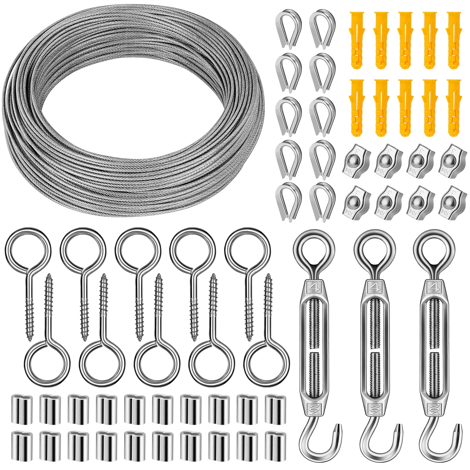 Kit de câble métallique en acier inoxydable 304, 50m 2 mm recouvert de PVC avec tendeurs M4, fil de jardin pour plantes grimpantes, clôtures, suspension de luminaires et projets de bricolage