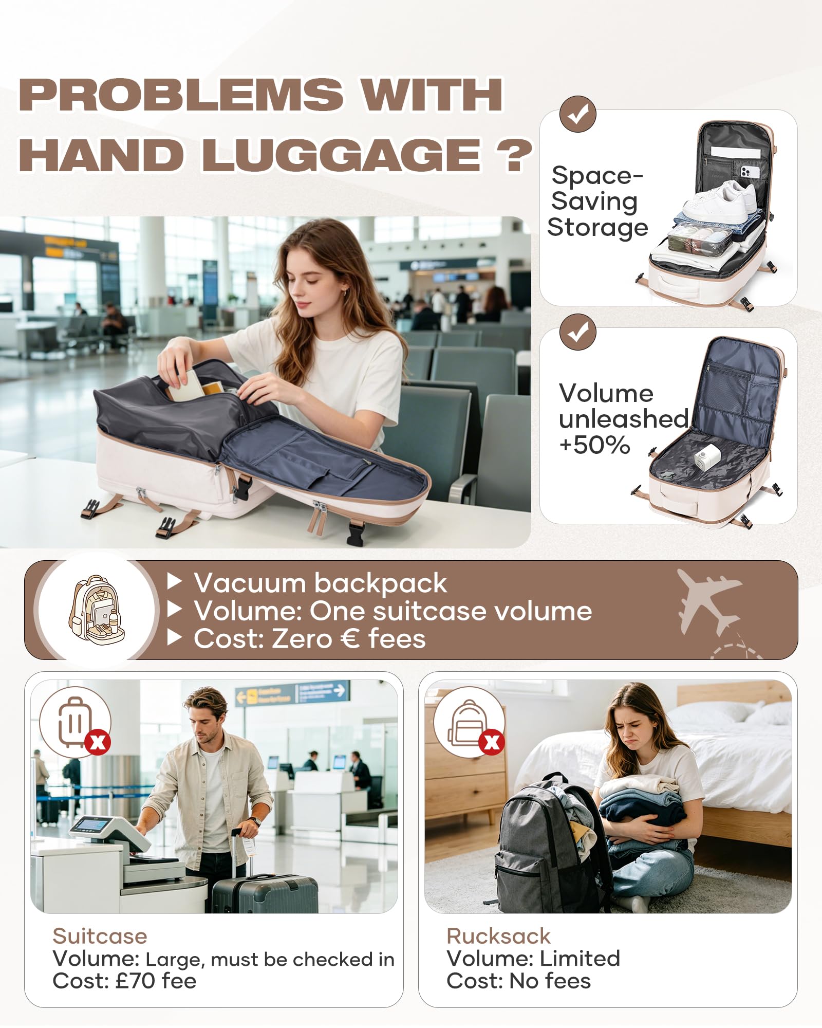 SZLX Plecak Próżniowy Ryanair 40x30x20 Z Pompką Bagaż Podręczny Dla Kobiet, Plecak Z Poduszką i Systemem Próżniowym Do Podróży Podróżny Rozmiarze Kabinowym Wodoodporna Walizka Próżniowa Dla Mężczyzn