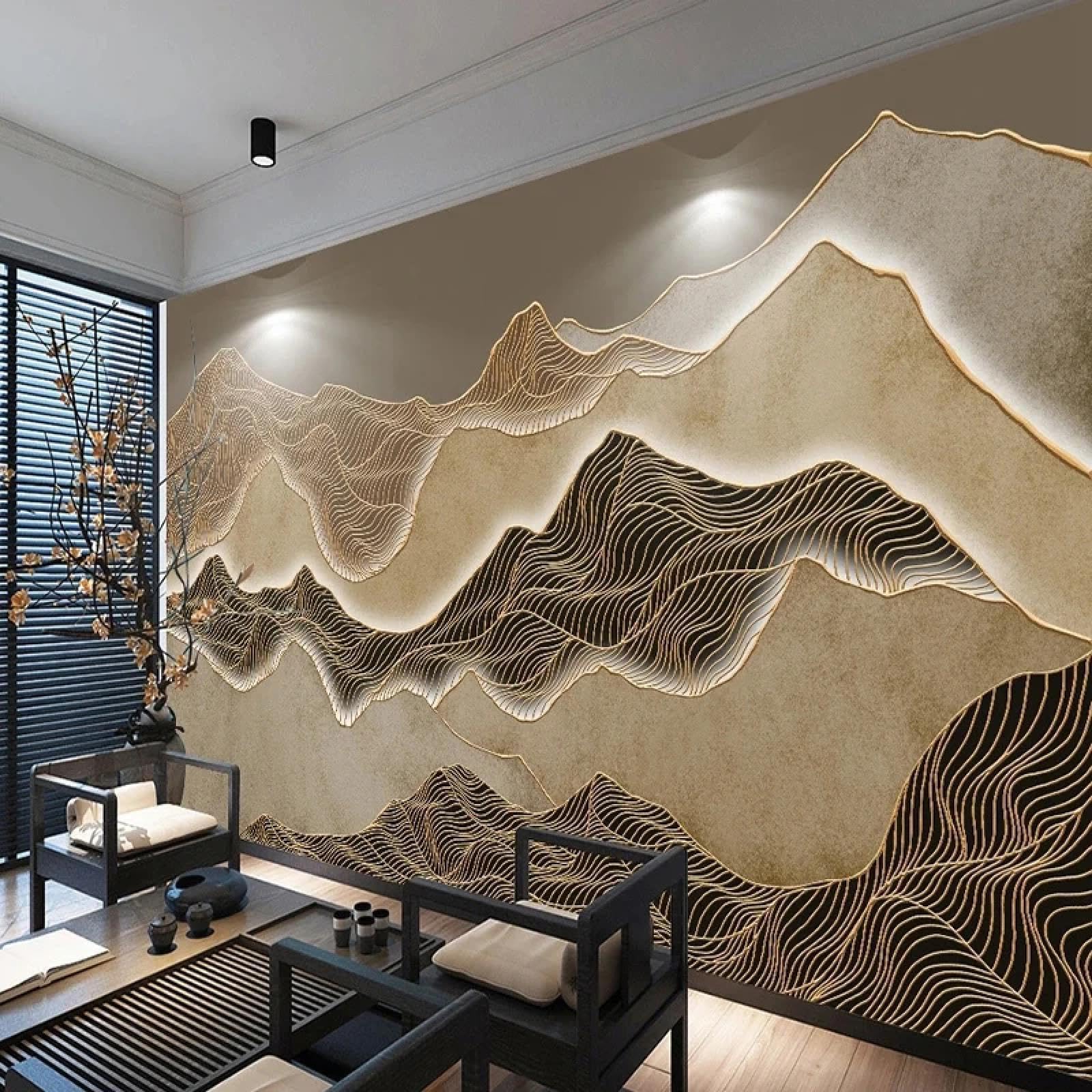 Papier peint mural 3D design paysage encre et lignes dorées premium