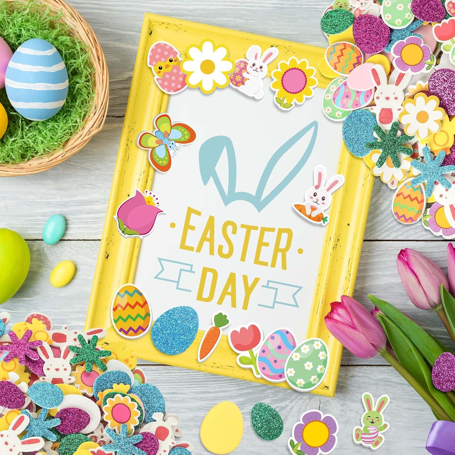 JarThenaAMCS 400Pcs Easter Foam Stickers Spring Bunny Rabbit Flower Egg Butterfly Puffy Stickers Colorful Glitter Cartoon Self-Adhesive Decals for DIY Crafts Party Favors