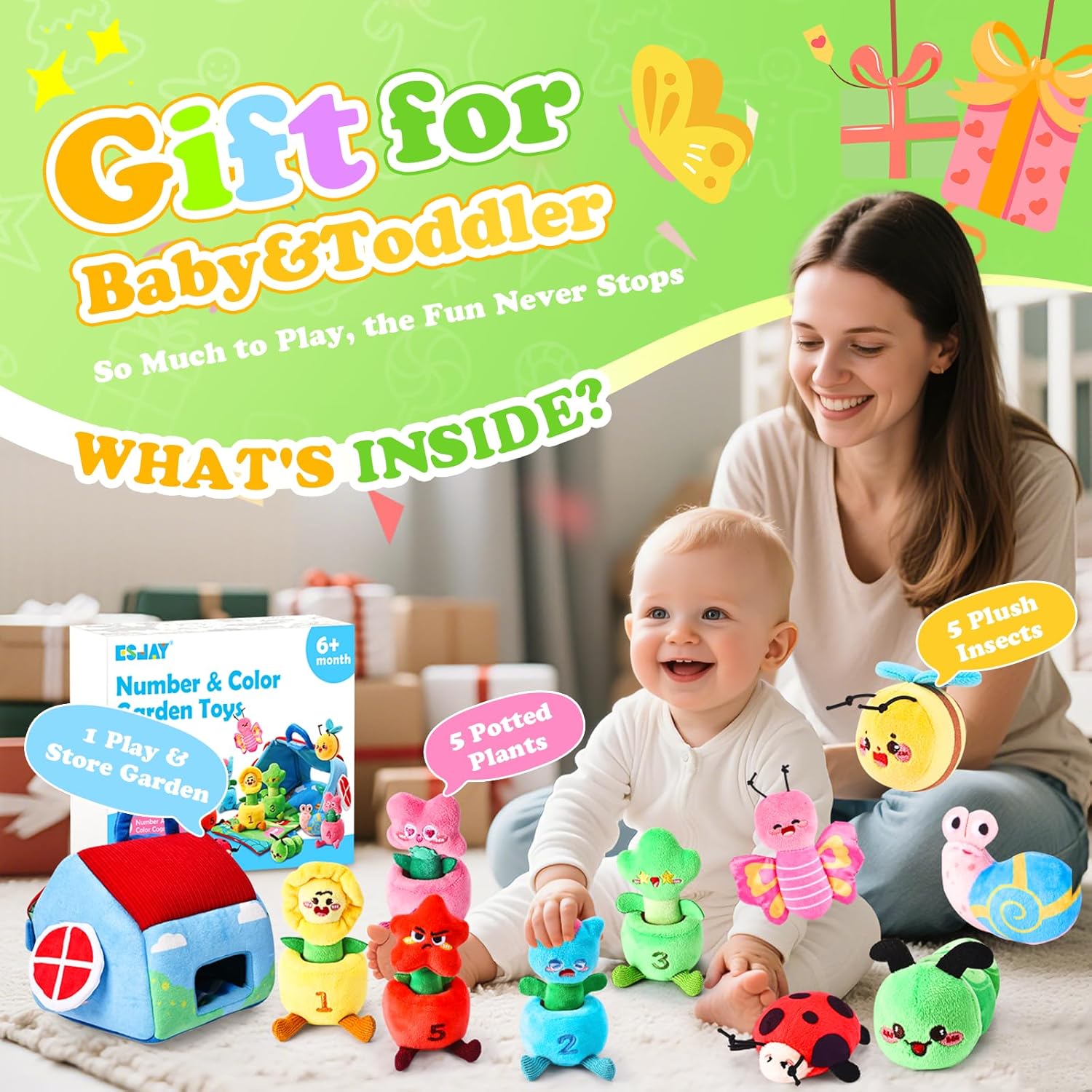 Esjay Montessori Toys for Toddler 1 Year Old, Garden Plants and Bugs with Rattle Squeaker Planting Stacking Color Matching, Sensory Learning Baby Toy 12 18 Months, Gift for 1 2 3 Toddlers Boys Girls