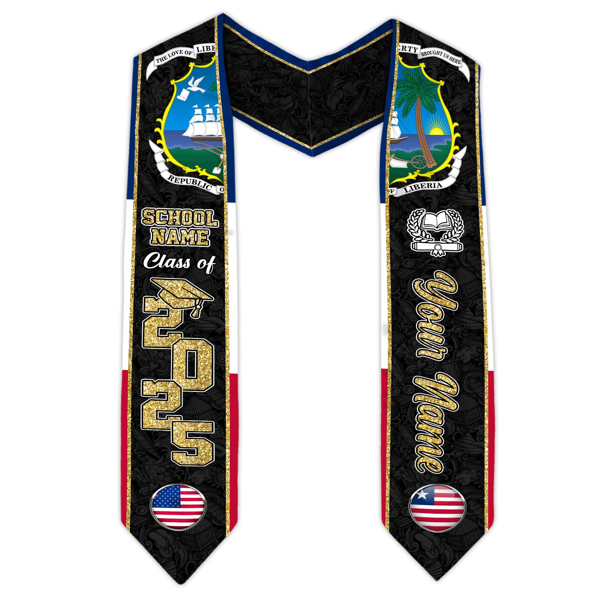 MonkeyVan Personalized Liberia Graduation Stole, Liberian Graduation Sash, Liberia Flag Graduation Stole, Class of 2025 Lb1