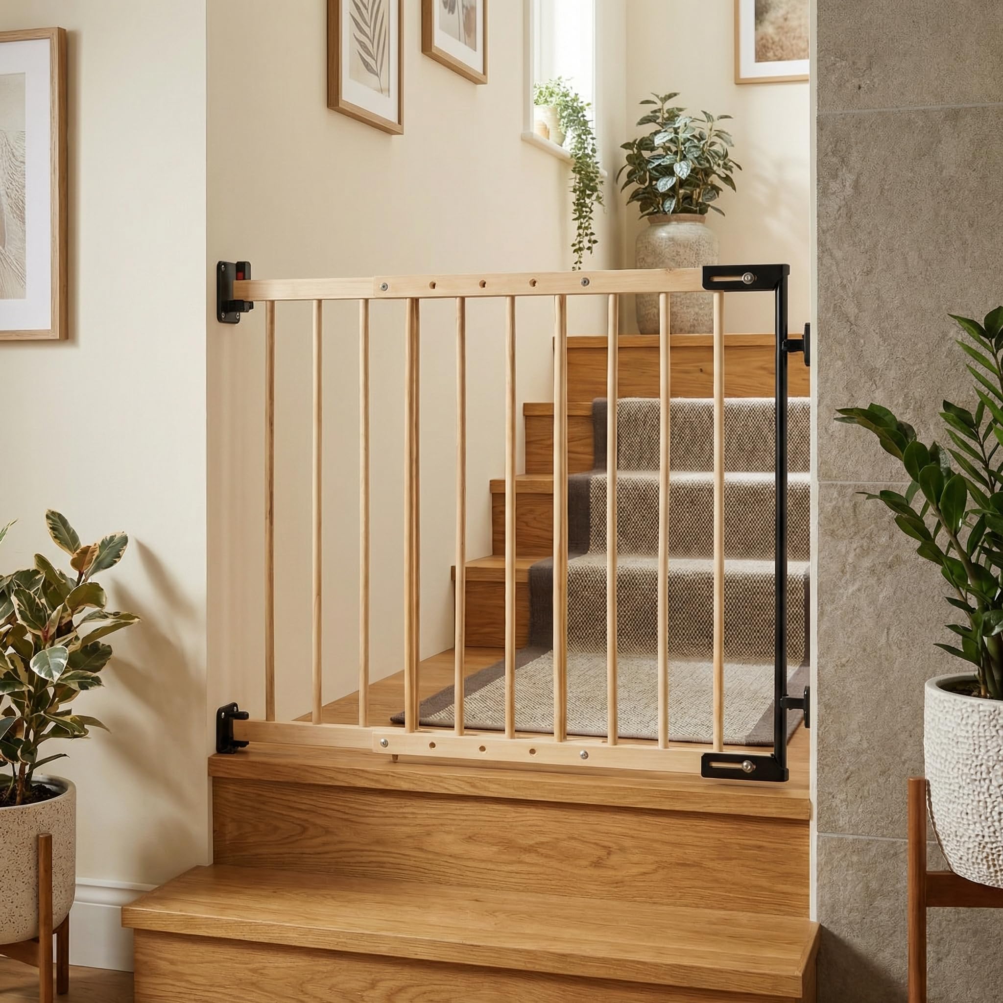 Treppenschutzgitter Holz 75,5–117 cm – Massivholz Treppengitter für Baby & Kleinkind, ohne Türschwelle, Doppel-Sicherheitsmechanismus, verstellbar, inkl. Montagematerial | EmsCraft24