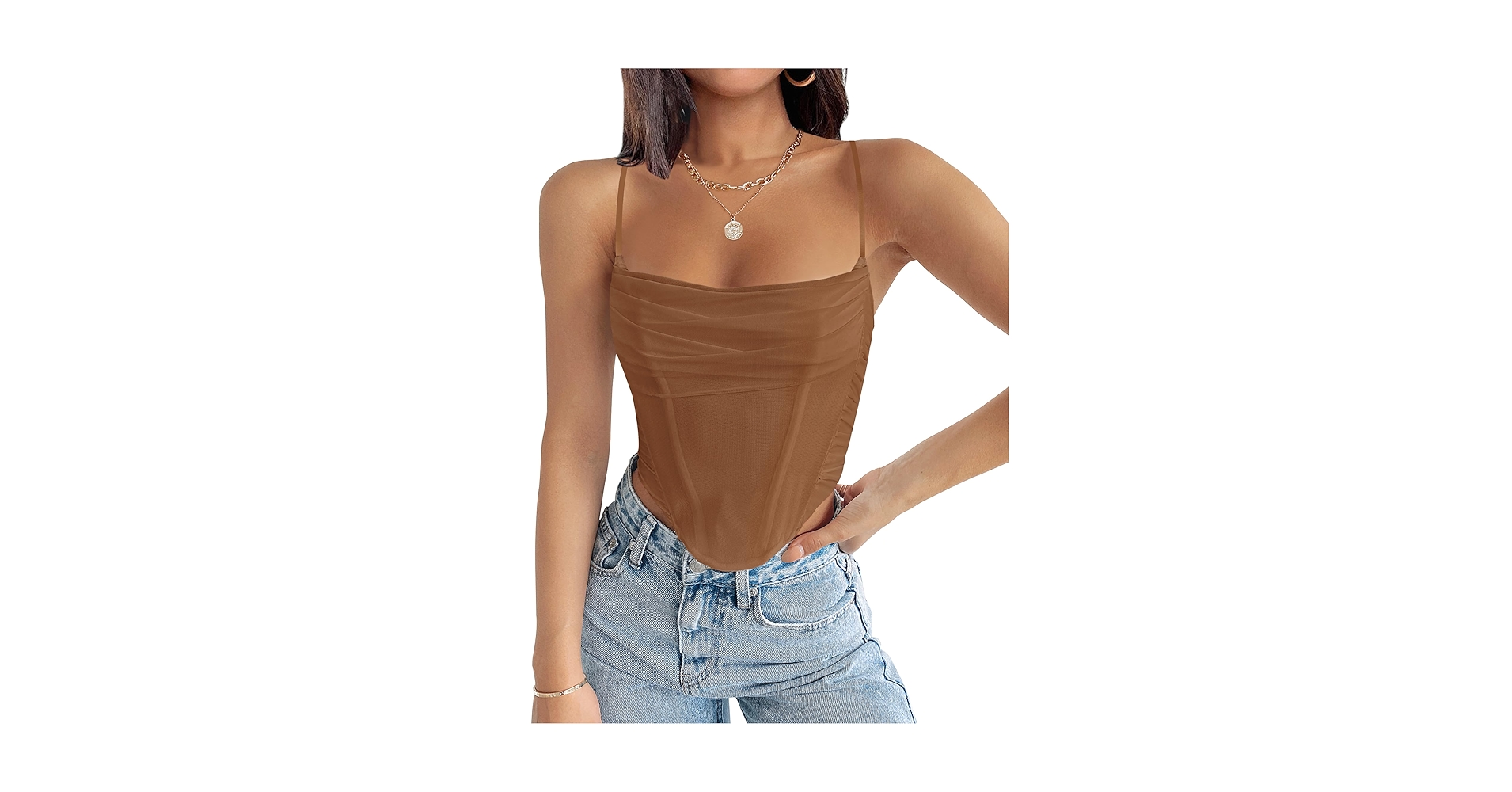 ZESICA Women's Summer Corset Tops Sexy Spaghetti Straps Mesh
