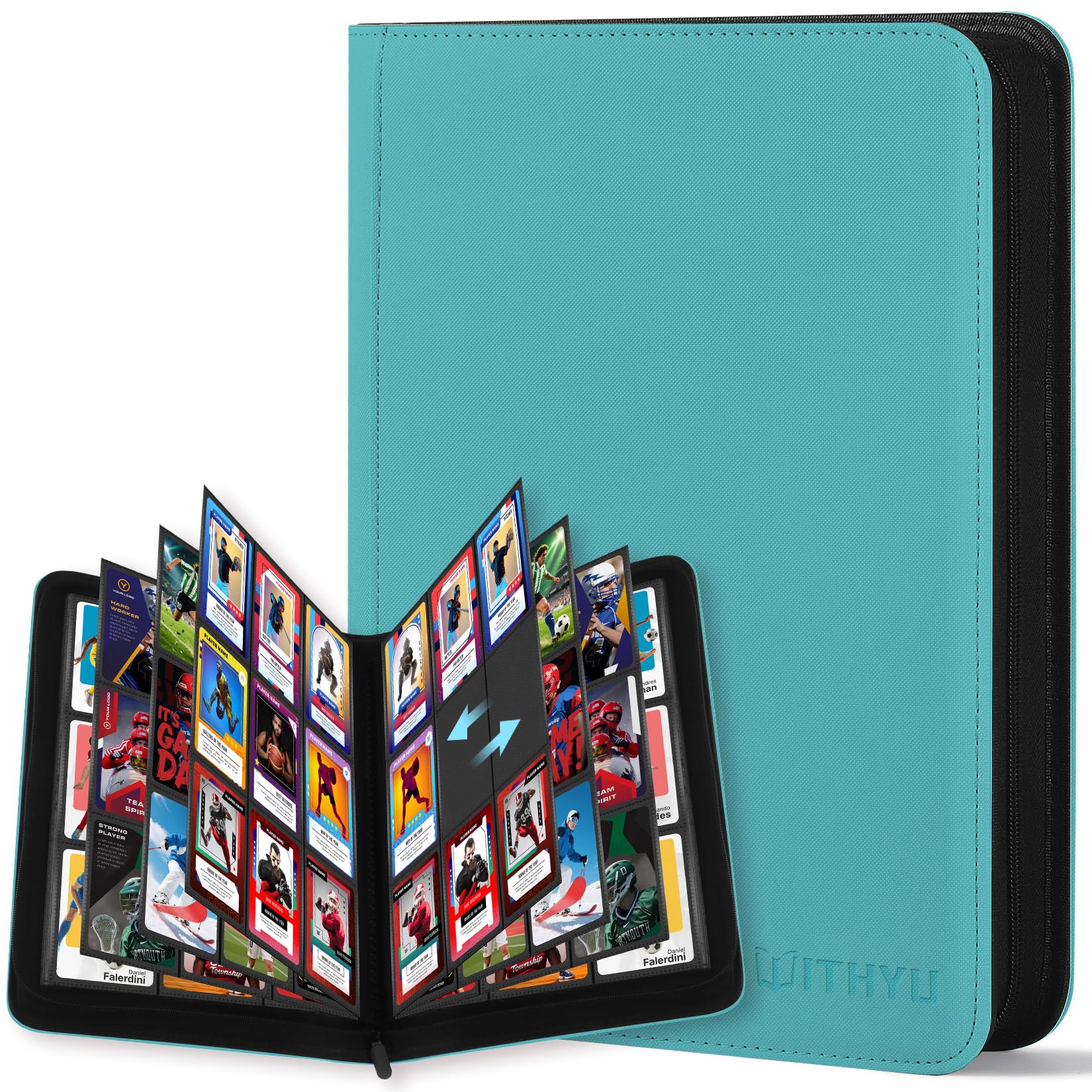 WITHYU 9 Album Collezionista per Carte - 540 Carte Capacità, Portacarte Impermeabile e Antigraffio con Inserimento Laterale per TCG/Sport, Design Senza Anelli e Cerniera (Acquamarina)