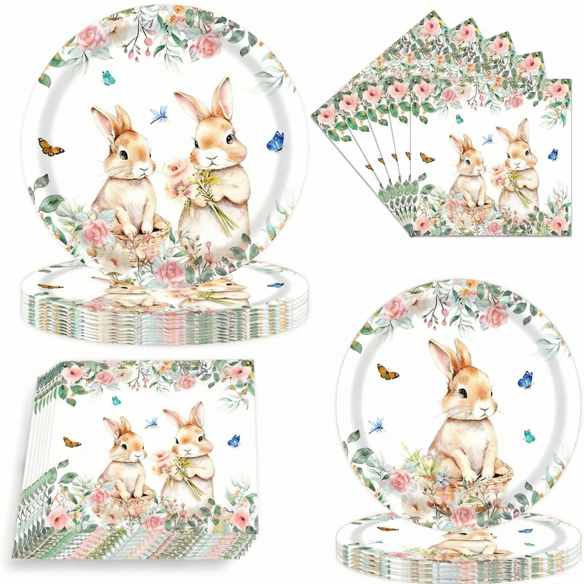75 Pcs Easter Bunny Party Supplies，Disposable Easter Paper Plates & Napkins for 25 Guests, Thickened Material, Clear Print with Cute Bunny Flowers