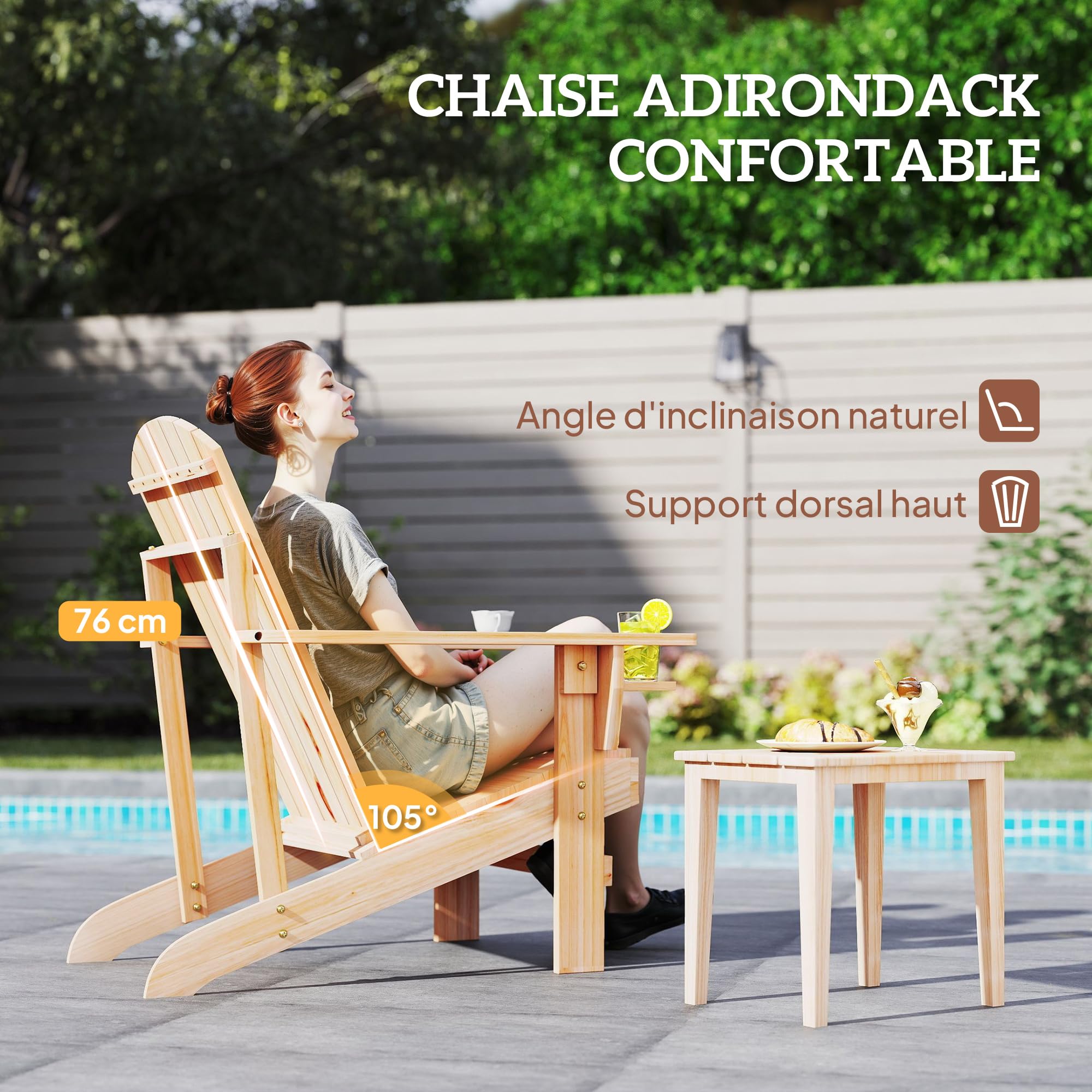 Outsunny Fauteuil de Jardin Adirondack Grand Confort Porte-gobelet intégré Bois de Sapin traité Peint Bois Naturel