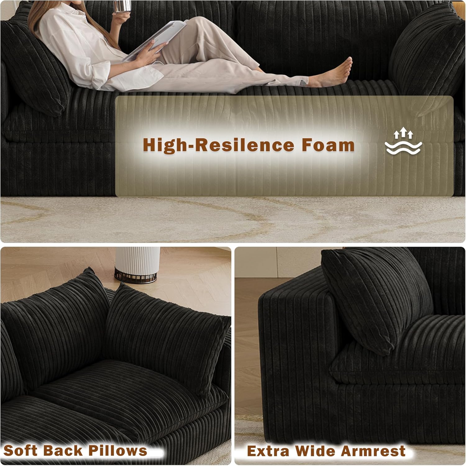 V-Shaped Corner Corduroy Boneless Sofa Couch with Thick Cushion & Memory Foam, 118.2" Flexible Modular Sectional Couches, No Assembly Required, Cozy Cloud Fluffy Sofa for Living Room (Black) | Breathable material, Cloudy, Oversized, Fluffy, Throw Pillows
