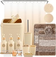BetterbathroomwithXLHOME 32PCS Beige Bathroom Set: Shower Curtain, Rugs, 3 Soap Dispensers, Durable PP+ABS Accessories w/ Black Decor