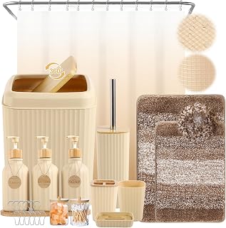 BetterbathroomwithXLHOME 32PCS Beige Bathroom Set: Shower Curtain, Rugs, 3 Soap Dispensers, Durable PP+ABS Accessories w/ Black Decor