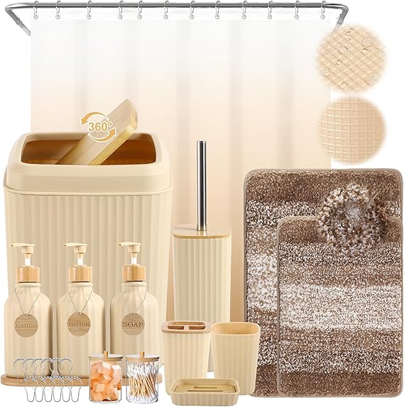 Amazon.com: 32PCS Bathroom Sets with Shower Curtain and Rugs Beige Bathroom Accessories Set ...
