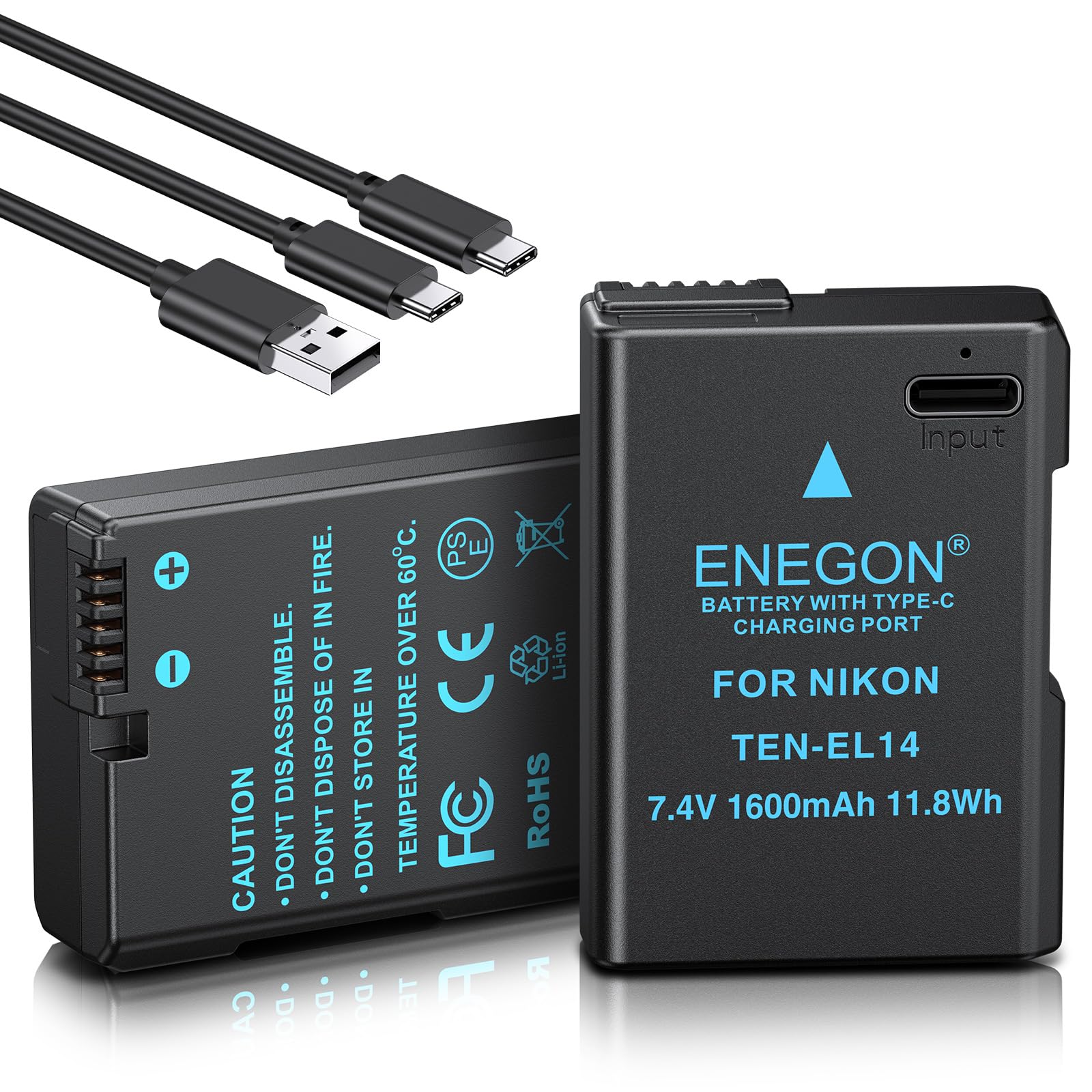 ENEGON EN-EL14 USB-C - Batería de Repuesto (1600 mAh, 2 Unidades) para Nikon EN-EL14/EN-EL14a, Compatible con Nikon D5300, D5600, D5100, D5200, D3100, D3200, D3300, D3400, D3500