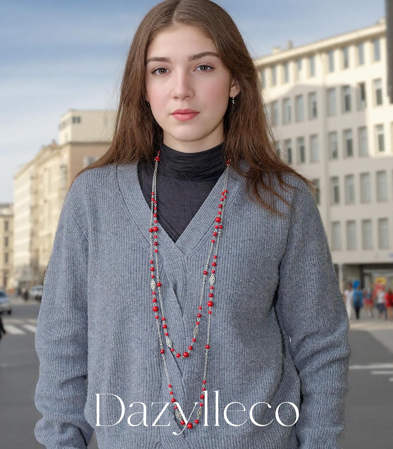 Long Beaded Silver Necklaces for Women Layered Long Statement Necklace with Stone Pearl Beads Double Sweater Chain Costume Jewelry for Women - Image 3