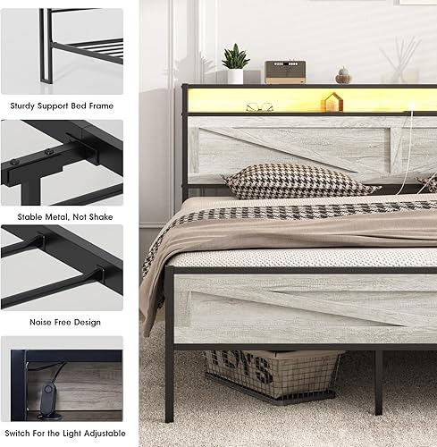 Miniatura 57 de Base de cama LED tamaño Queen con estación de carga y 4 cajones, plataforma de metal con cabecero de puertos USB, marco de cama de granja con luces