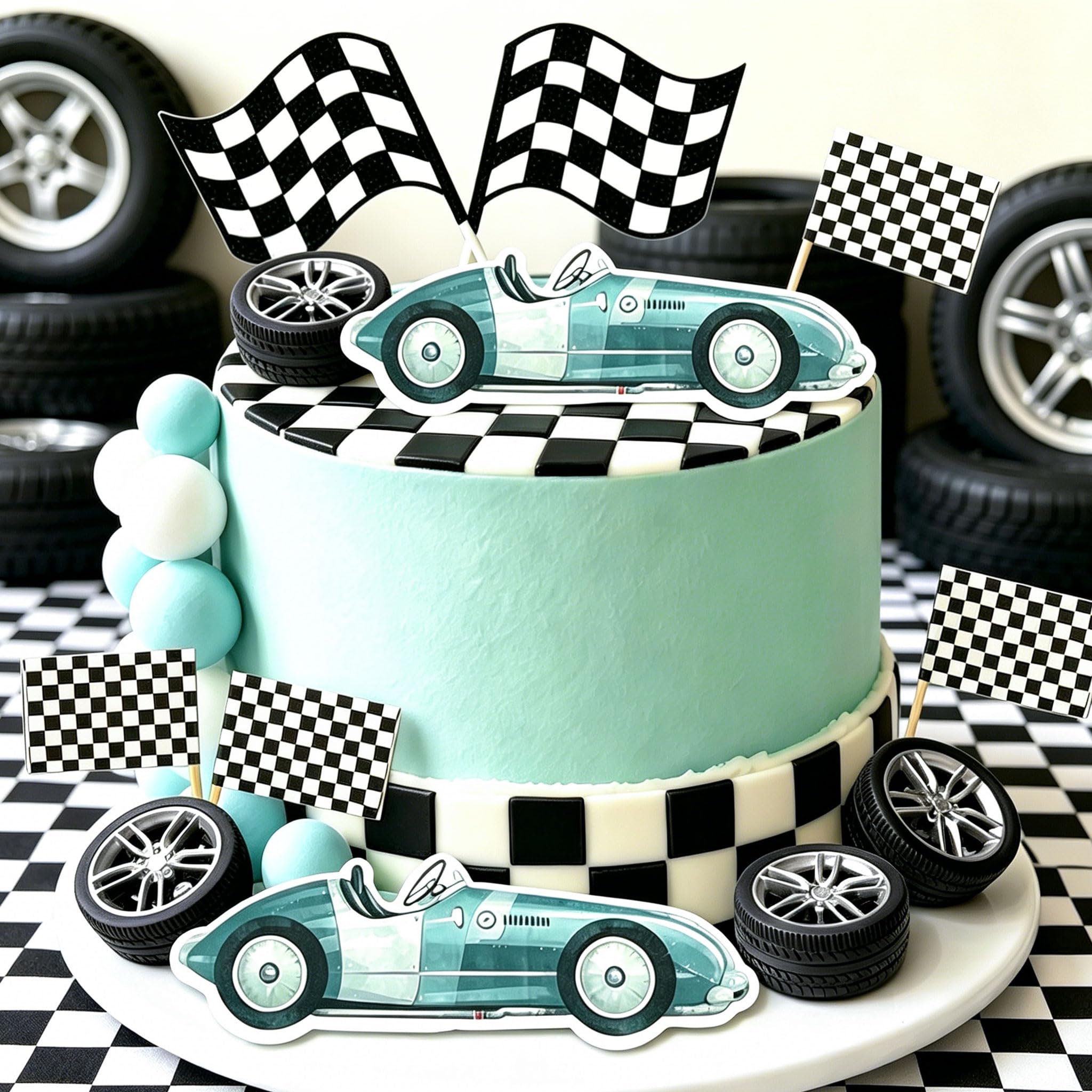 LaVenty Race Car Checkered Flag Cake Toppers