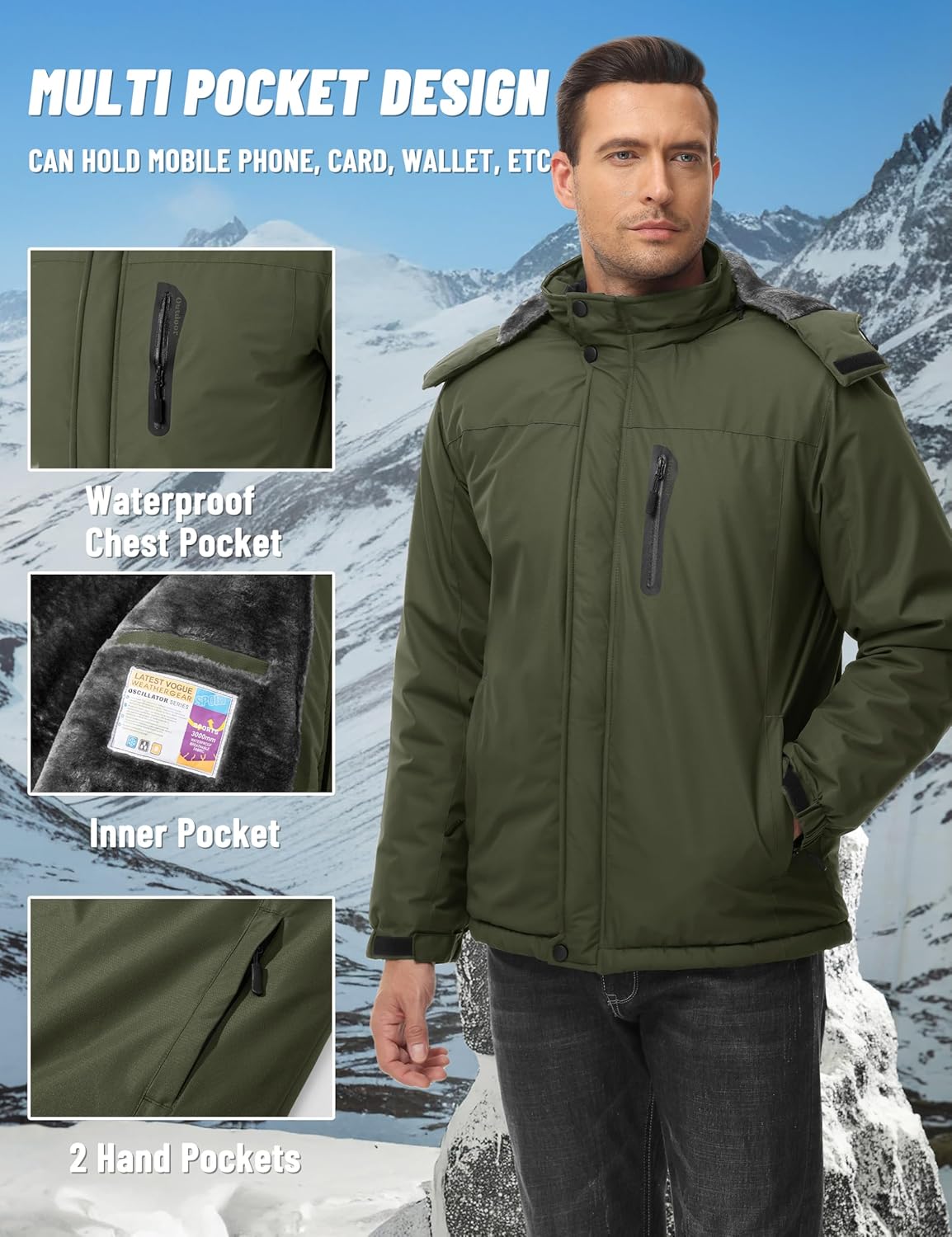 TACVASEN Men's Winter Jacket Waterproof Ski Coat Warm Fleece Lined Windproof Snowboard Jacket with 4 Pockets Hiking - Image 5