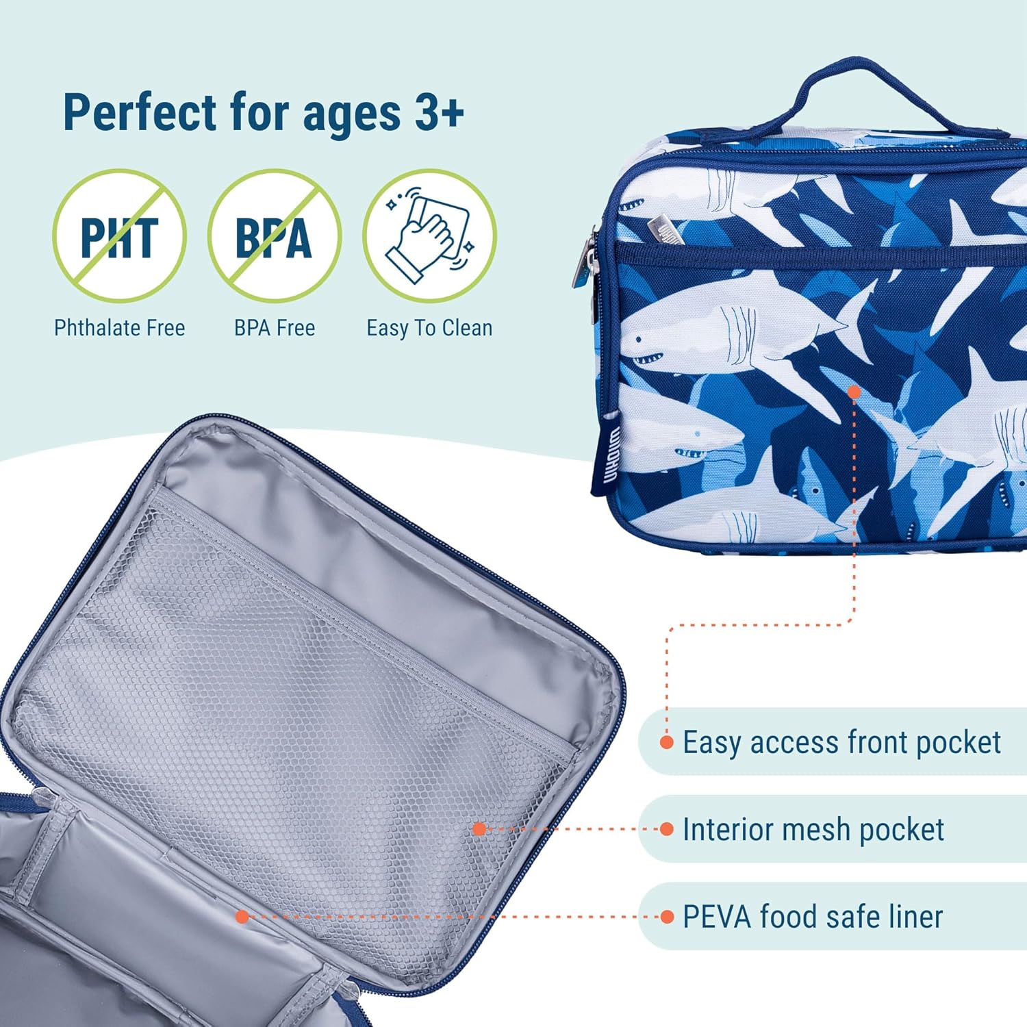 Wildkin 12-Inch Kids Backpack & Insulated Lunch Box Bag Bundle – Durable, Lightweight School & Travel Set for Kids - Sharks