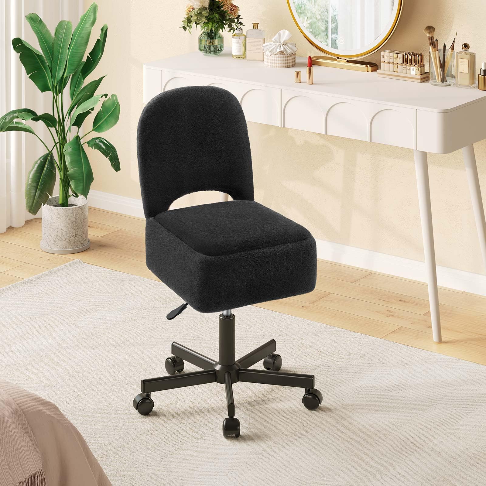 Rolanstar Schminktisch Stuhl mit Stauraum, Schminkstuhl, Höhenverstellbar, 360° Drehbar, Schreibtischstuhl mit Bequemer Klappbarer Rückenlehne, für Schminktisch, Schlafzimmer, Büro (Schwarz, Größe L)