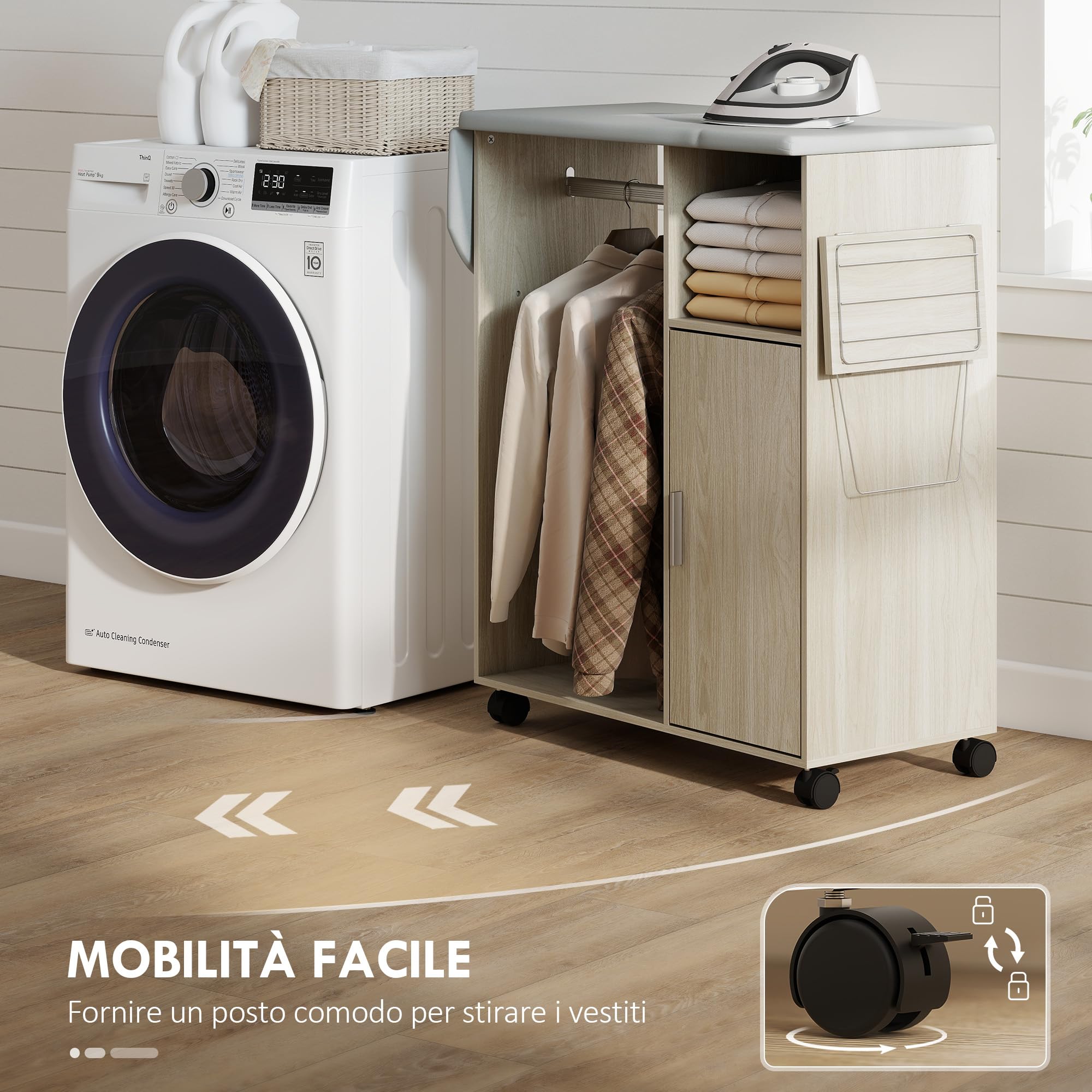 HOMCOM Table à Repasser Pliable avec roulettes à Frein et Porte-Fer à Repasser, Meuble à Repasser Multifonctionnel avec Barre à cintres, étagères réglables, pour buanderie, Salle de Bain, 127 x 42,5