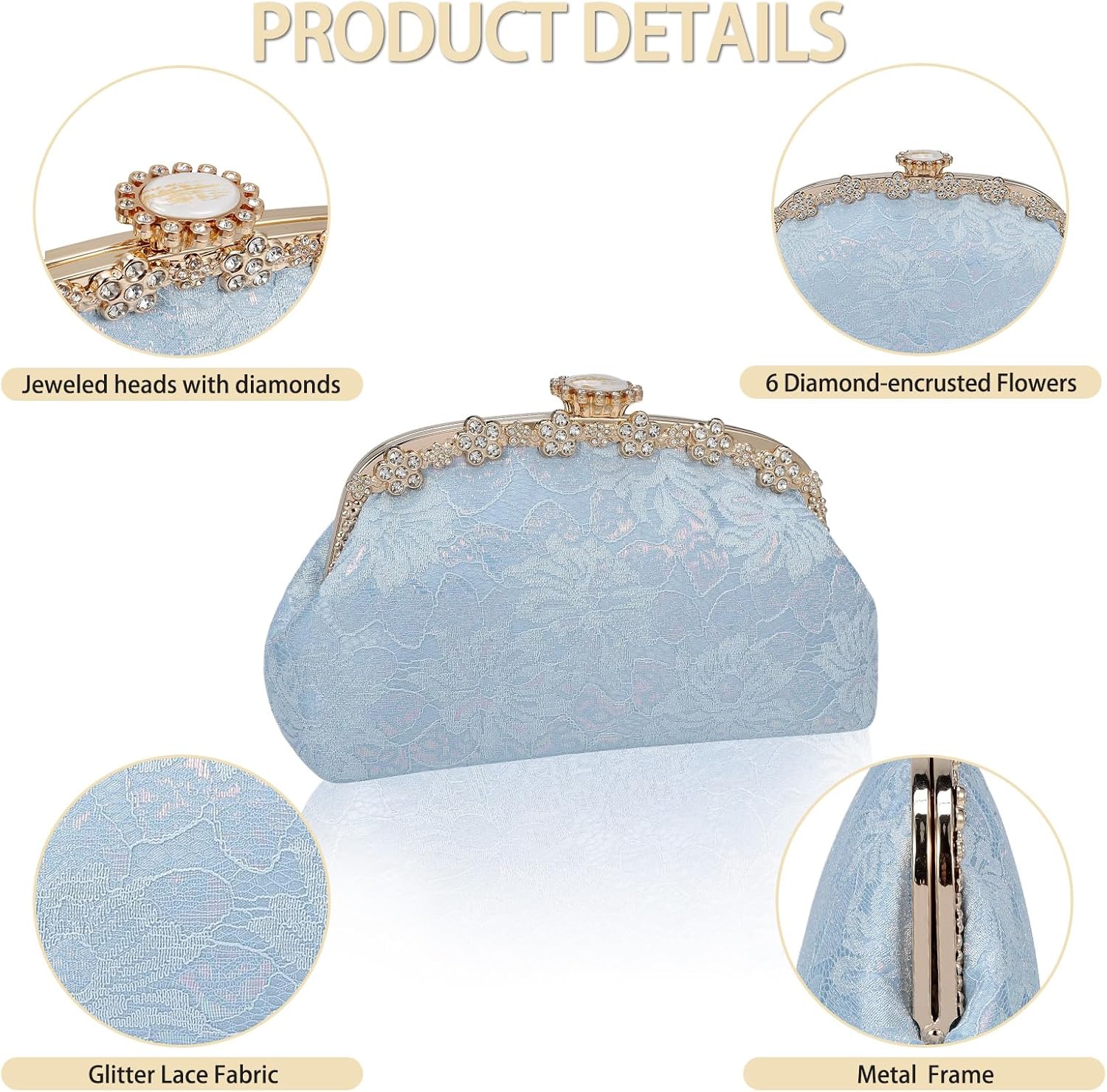 YYW Clutch Purse for Women Lace Formal Evening Bag with Rhinestones for Wedding Prom Party Clutch Shoulder Cross Body Handbag