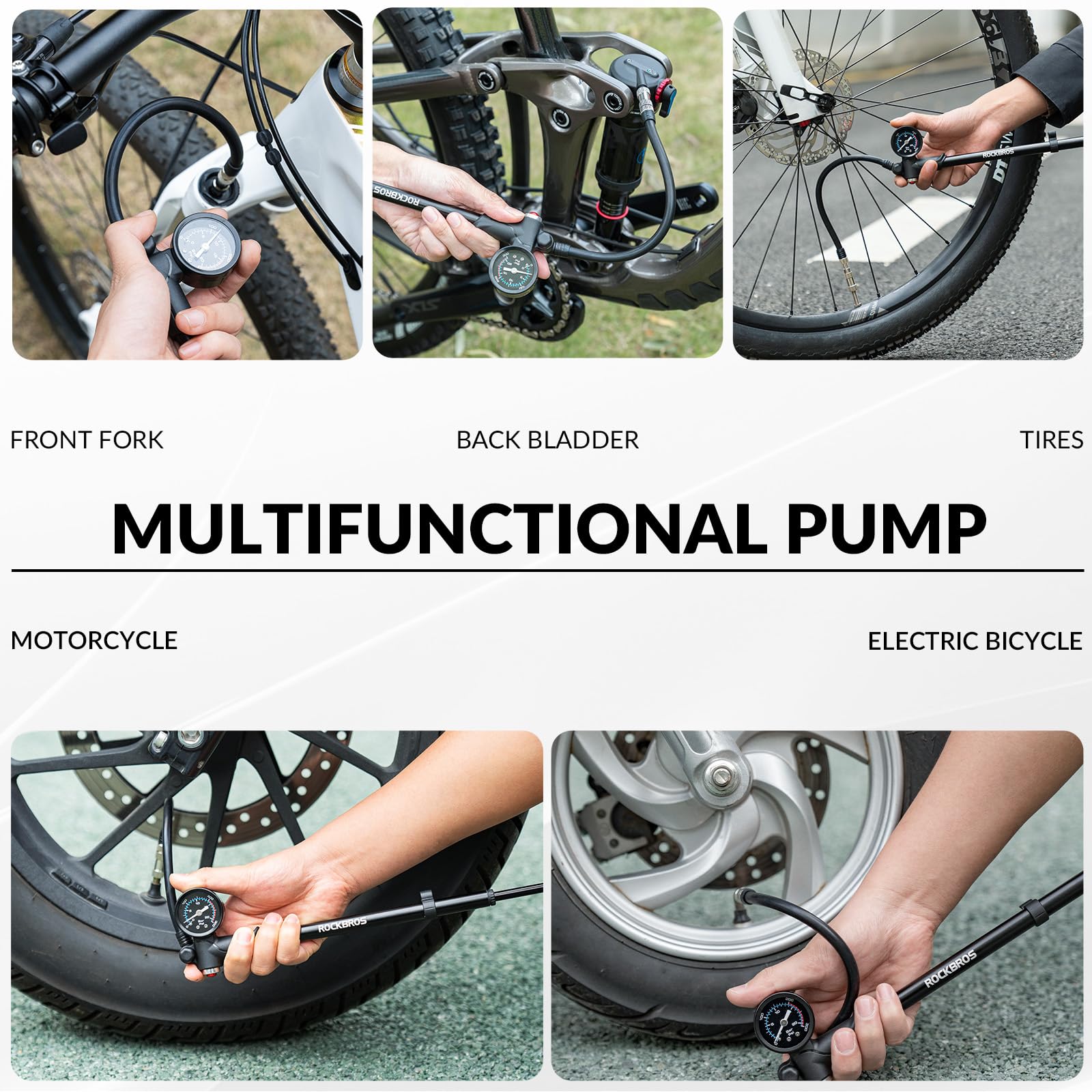 ROCKBROS Pompe à Vélo pour Fourche/Pneu/Suspension Arrière, Pompe Amortisseur VTT Portative avec Manomètre, Pompe d’Amortisseur Vélo Haute Pression 300 PSI pour Valve Presta Schrader VTT Vélo Route