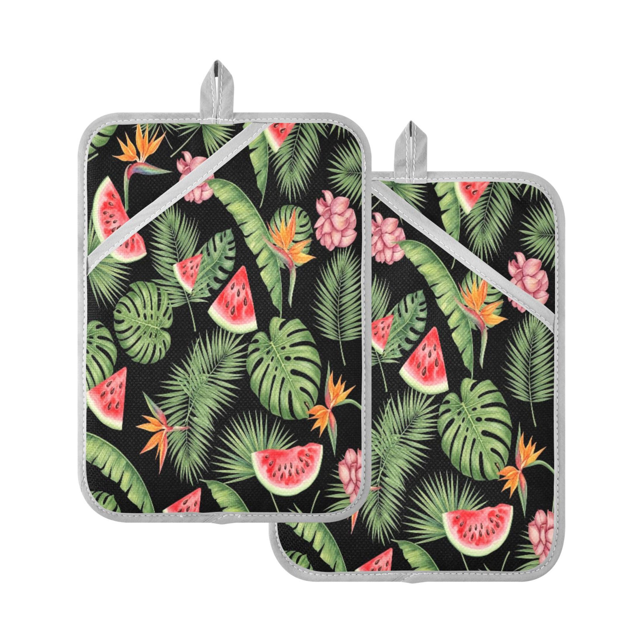 Fuauuyl Watermelon Palm Leaves Pot Holder 2 Pack for Kitchen, Heat Resistant Potholders with Pocket Cotton Filling for Baking Cooking