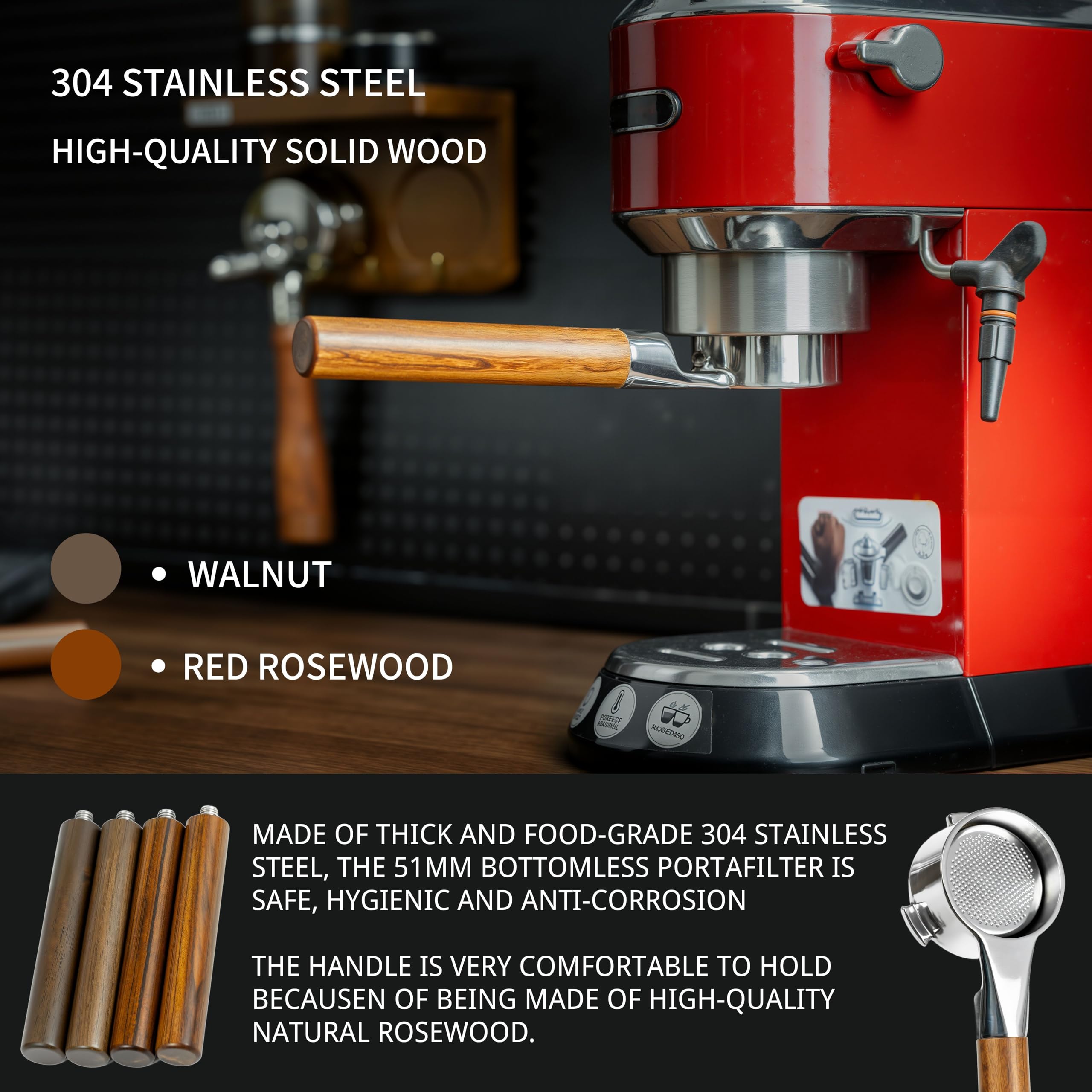 BLUCO Sitko 51 mm płaskie dla De'Longhi Dedica EC680/685/785/820/850/860/885, Smeg, stal nierdzewna 304, możliwość poziomego ustawienia, równomierne rozprowadzanie tampowania (orzech włoski)