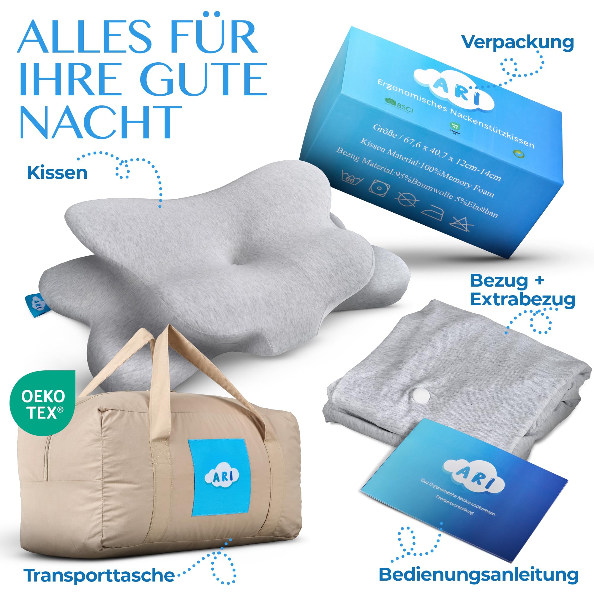 ARI Ergonomisches Nackenstützkissen-ergonomisch | Kopfkissen mit Memory-Schaum | Baumwollbezug | für Rücken & Seitenschläfer | inkl. Transporttasche & Ersatzbezug (Weiss) (Grau)