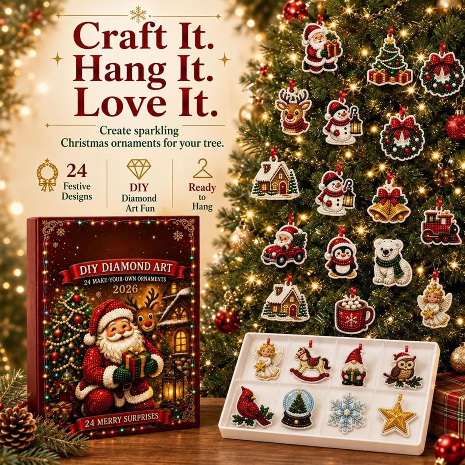 24 Weihnachtsornamente zum Basteln und Aufhängen, Adventskalender 2026 (2PCS)