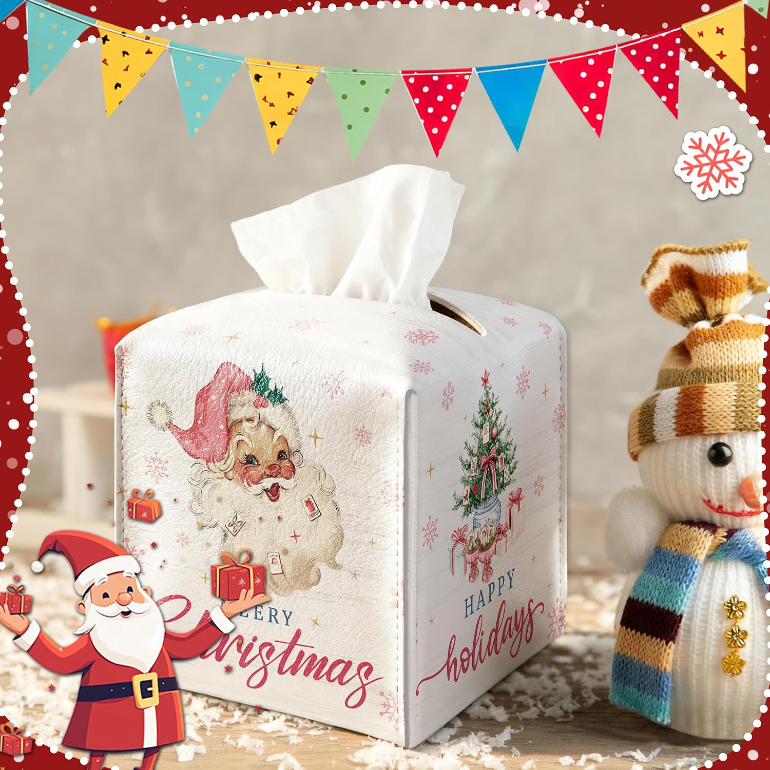 Pink Santa Claus Tissue Box Cover Square, Christmas Tree Decorative Tissue Box Holder, Waterproof Leather Tissues Boxes Dispenser for Bathroom, Office, Car, Bedroom Nightstand, Home Decor