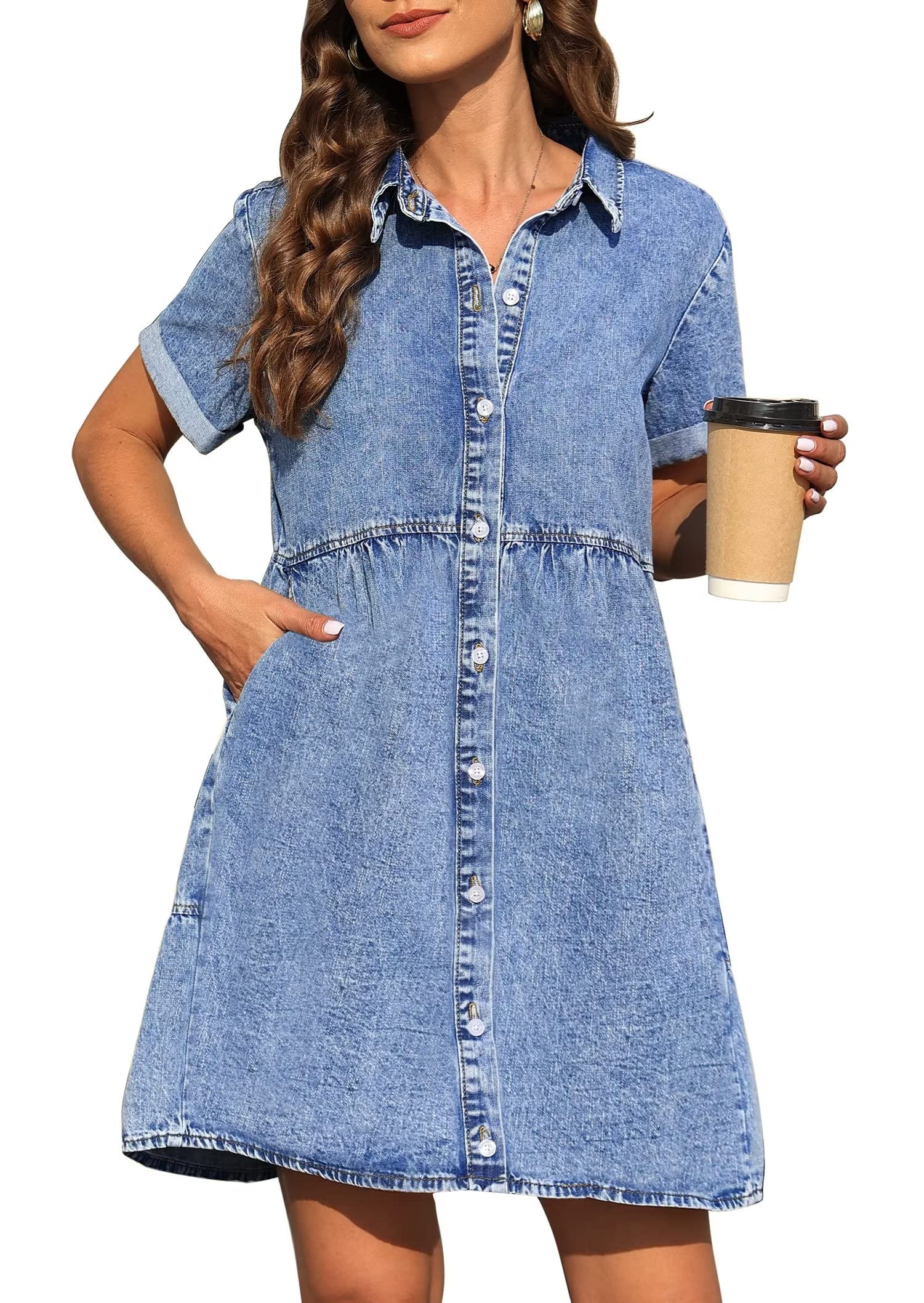 KDFDenim Dress for Women with Pockets Short Sleeve Babydoll Denim Shirt Dresses for Women 2023