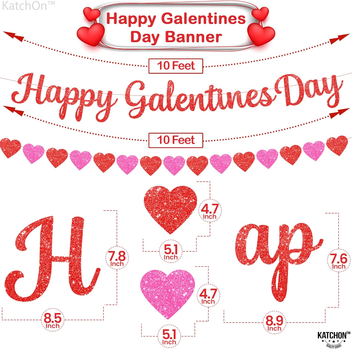 KatchOn, XtraLarge Iridescent Pink Backdrop Curtain - 3.2x8 Feet | Pink and Silver Balloon Arch Kit - Pack of 134 | Red Happy Galentines Day Banner - 2 Strings | Galentines Day Decorations for Party