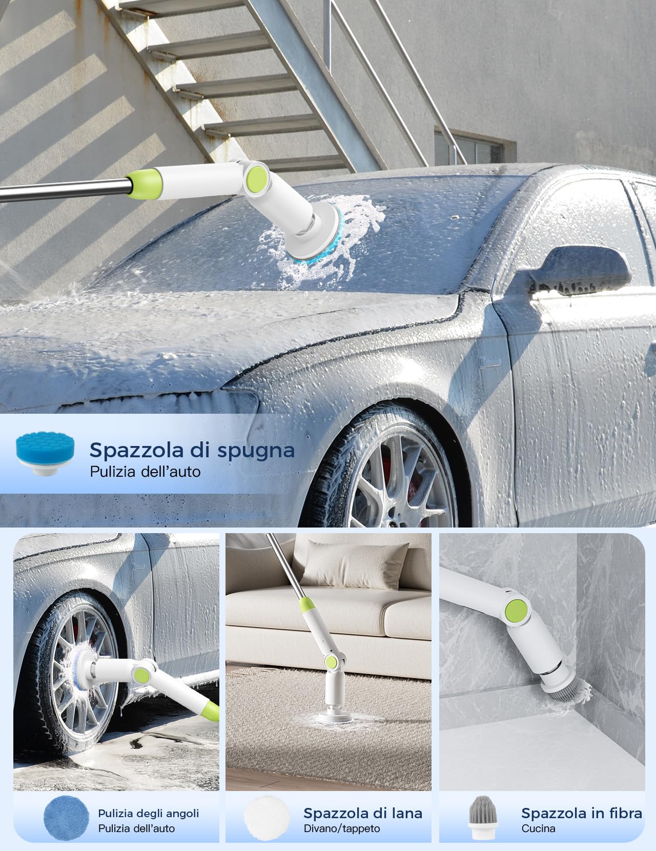 Spazzola Elettrica Rotante per Pulizia, IPX7 Spazzola Pulizia da 2.5 ore a doppia velocità con 8 testine Manico Regolabile Potente Pulizia Spazzola 2 Velocità Casa Bagno, Cucina Pavimenti