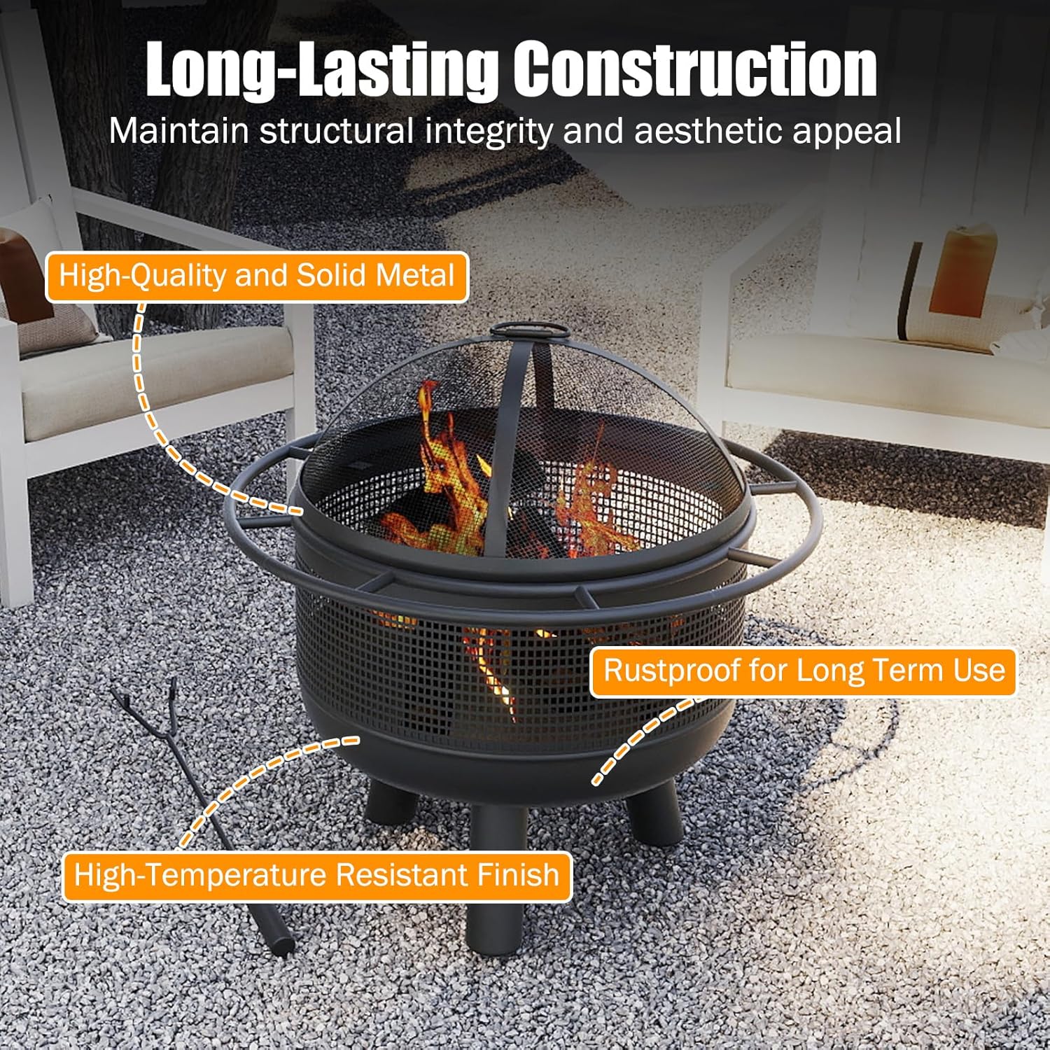 Happygrill 24" Outdoor Fire Pit, Heavy Duty Wood Burning Firepit w/Log Grate, Poker & Mesh Screen for Outside, Portable Small Fireplace for Camping, Bonfire, Heating, Picnic, Garden and Backyard