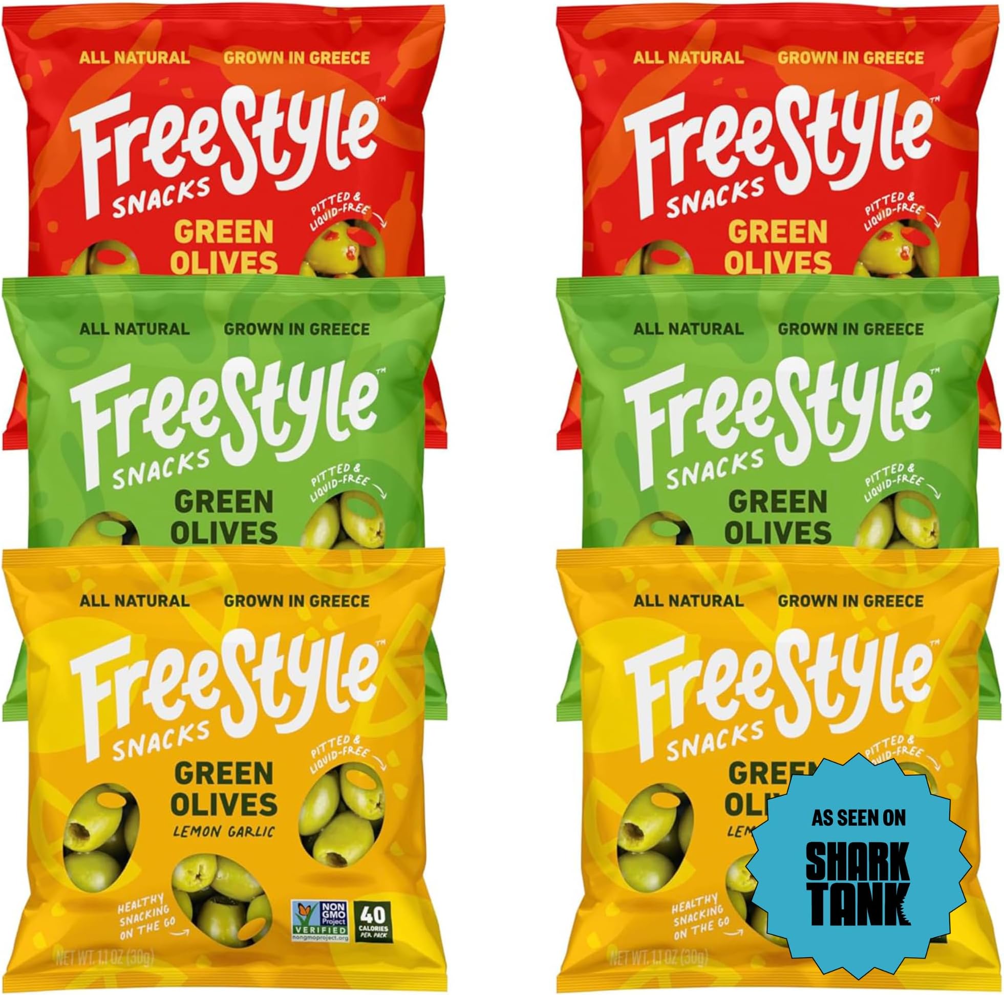 Freestyle Snacks Olive Snack Packs - As Seen on Shark Tank - Single Serve - Fresh Pitted Green Olives, Grown in Greece, All Natural, Non-GMO, Sugar-Free, Salty Snack - Variety, 1.1oz (6 Pack)
