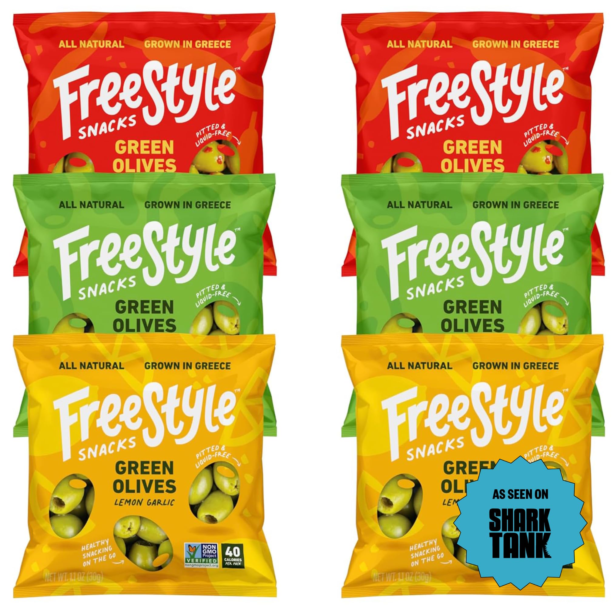 Freestyle Snacks Olive Snack Packs - As Seen on Shark Tank - Single Serve - Fresh Pitted Green Olives, Grown in Greece, All Natural, Non-GMO, Sugar-Free, Salty Snack - Variety, 1.1oz (6 Pack)