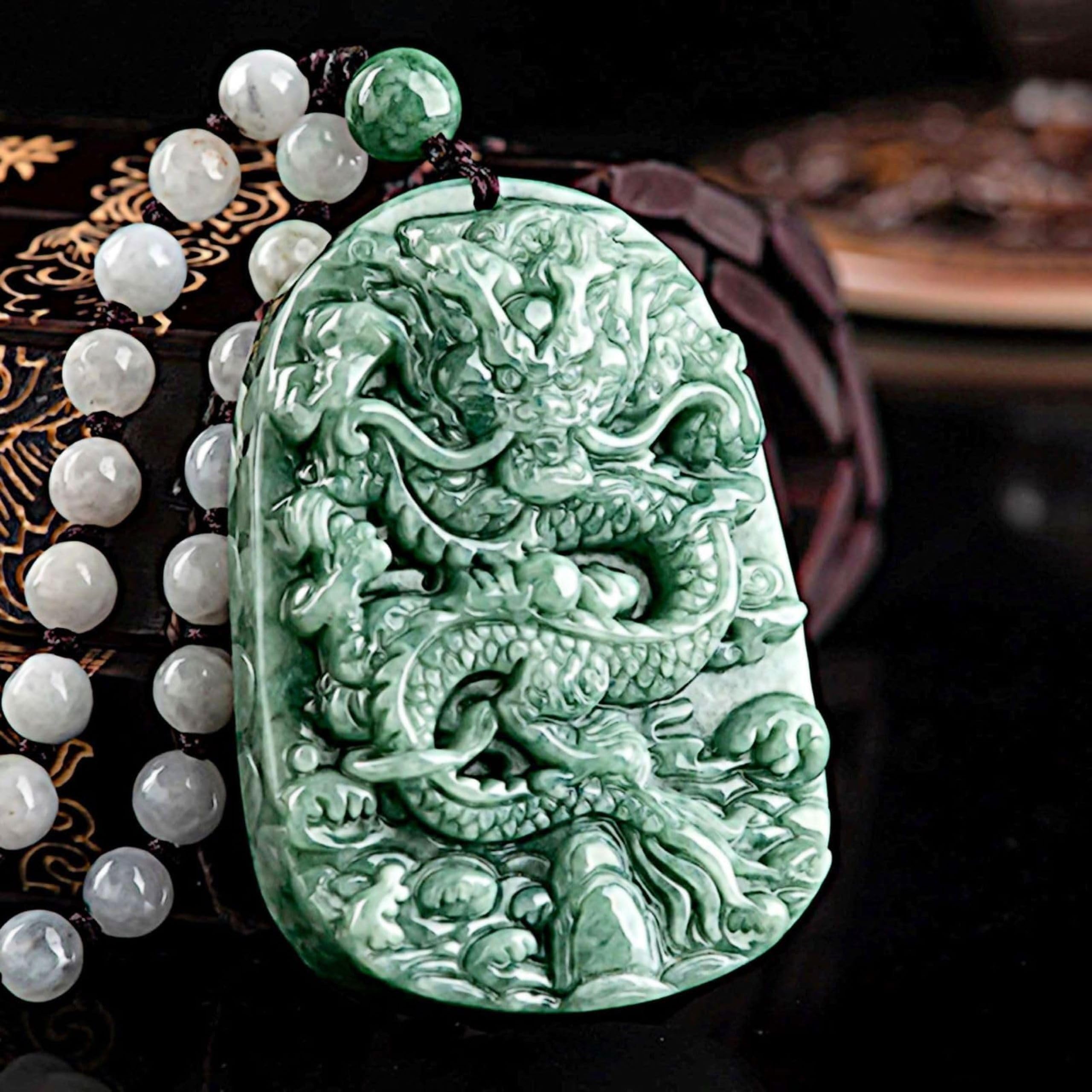 Collar con colgante de dragón de jade natural de grado A, sin tratar, certificado de jadeíta birmana, tallado a mano, de doble cara, delicado amuleto verde para hombres y mujeres, Una, Una