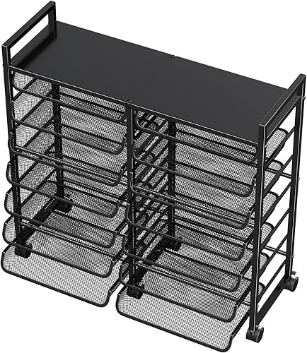 Miniatura 20 de Simple Trending Carrito de archivos rodante de 12 niveles, organizador de archivos de escritorio de madera con bandejas deslizantes y almacenamiento