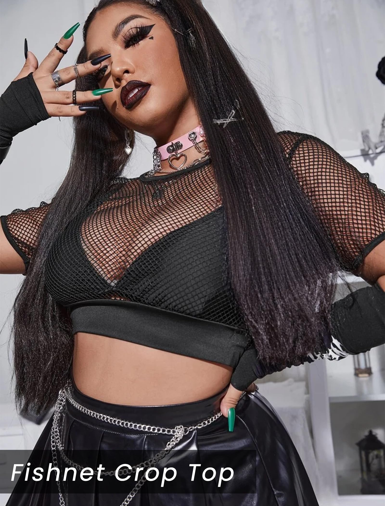 Avidlove Fishnet Crop Top for Women Y2K Short Sleeve See Through Shirt O Neck Pullover Blouse: Short Sleeve Medium Black