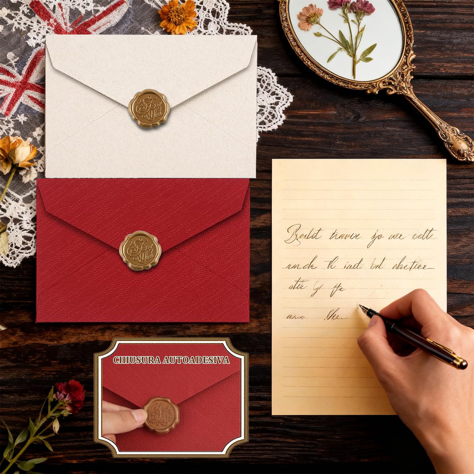 Set Carta da Lettere Vintage 36 Fogli A5 con 8 Buste Lino e Sigilli Cera Kraft